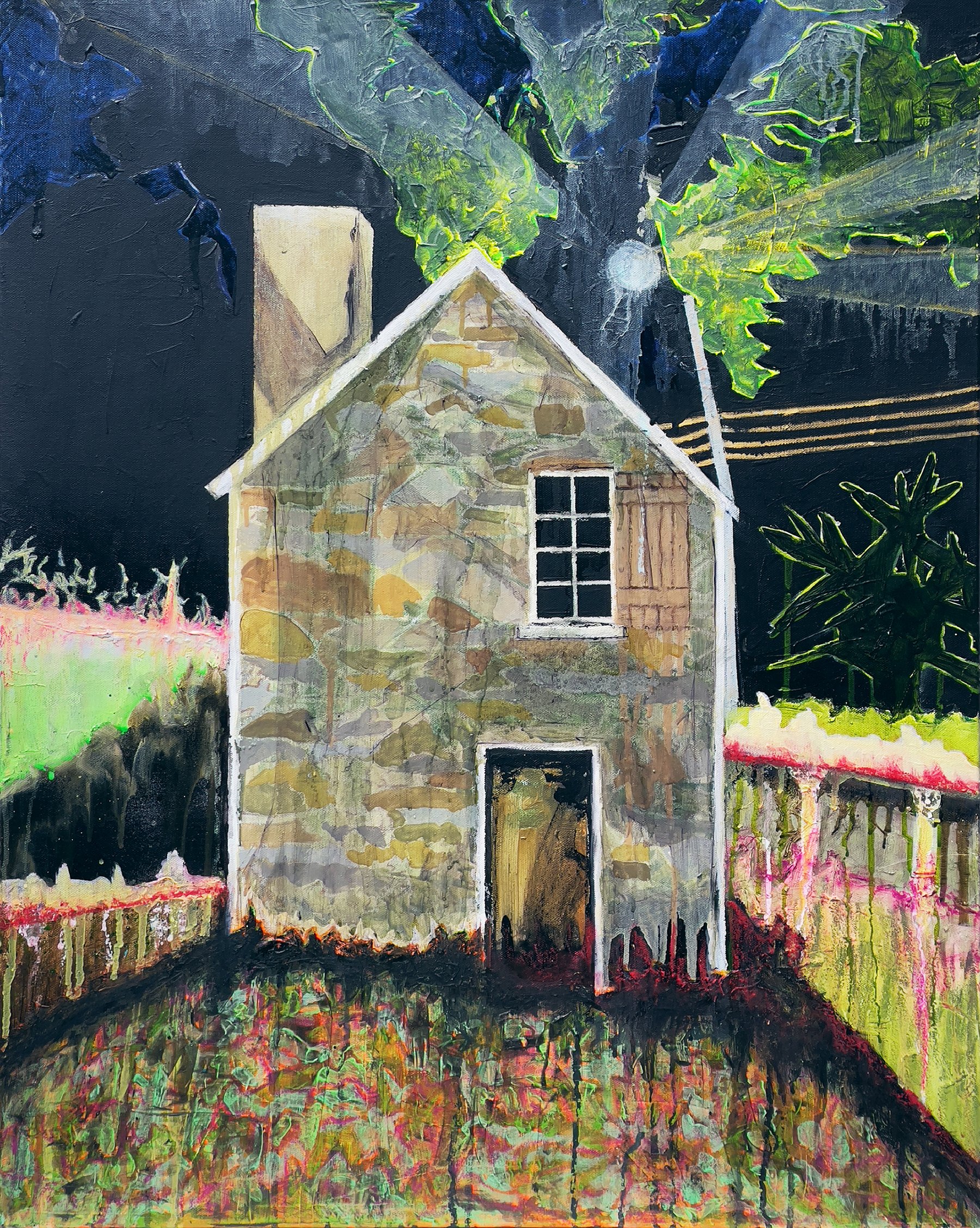 Pierce Mill. Mixed media, acrylic, and oil on canvas, 24x30in, 2023. NFS