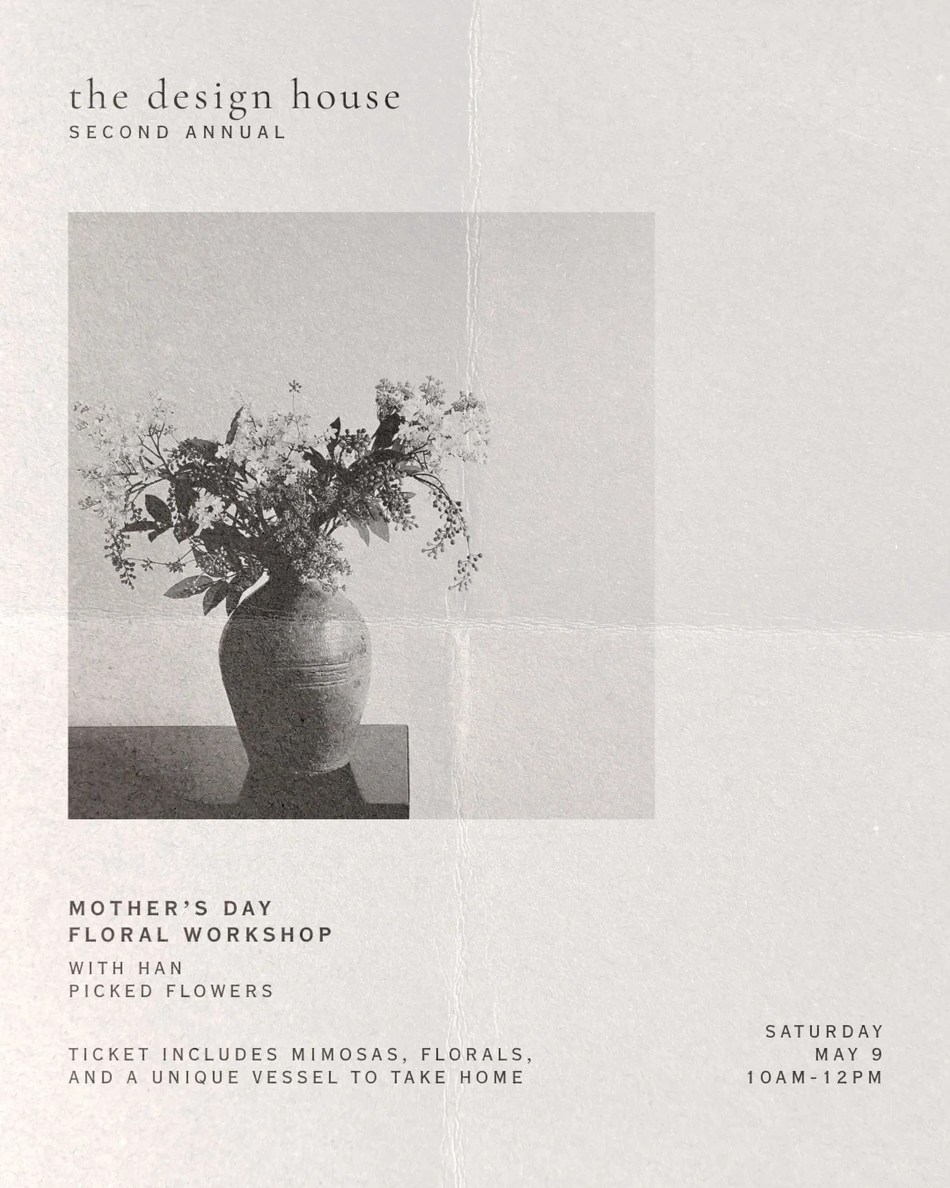 We are back again this year with another Mother&rsquo;s Day Floral Workshop with @hanpicked.flowers ! The class will be Saturday, May 9th, from 10:00am-12:00pm

Your ticket covers all materials, including a unique vessel to keep and reuse! And mimosa