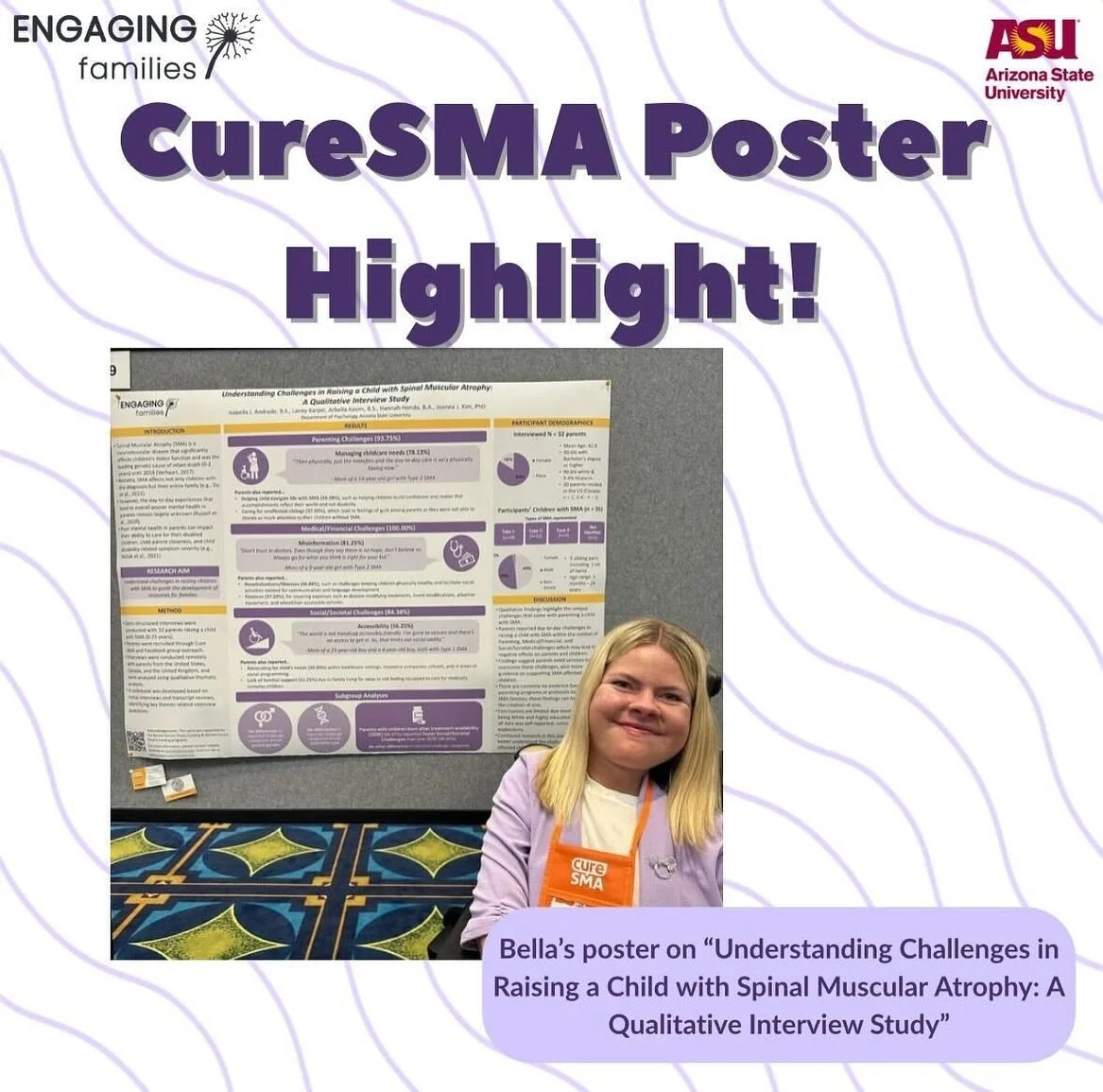 ✨Poster Highlight✨ 

Last week, our lab manager, Isabella Andrade presented at #CureSMA2025! Bella&rsquo;s poster highlighted different challenges experienced by parents who have children with Spinal Muscular Atrophy (SMA).&nbsp;Parents reported chal