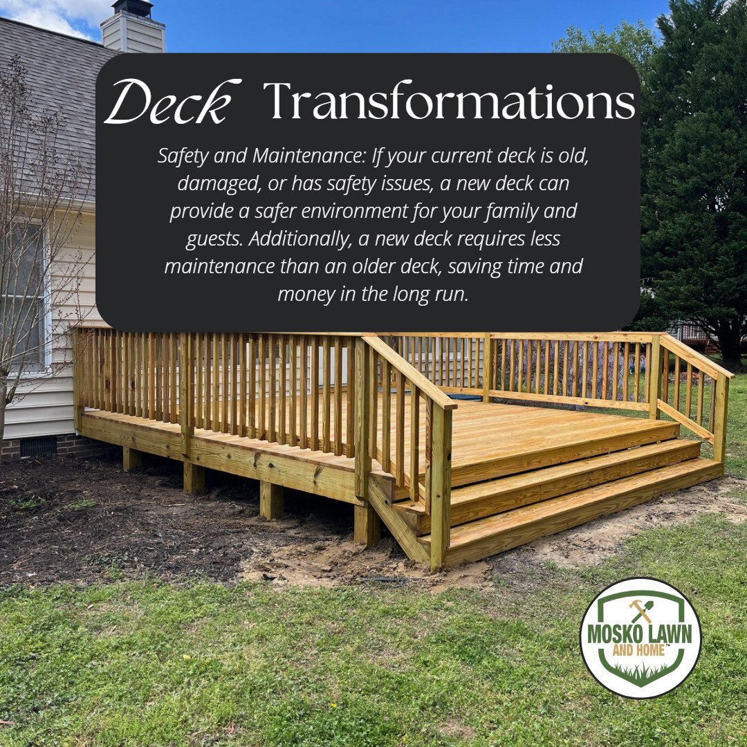 3 reasons for a new deck

Increase Home Value: A new deck can significantly improve the overall aesthetic of a home and increase its value, making it more attractive to potential buyers if you decide to sell in the future.

Enhanced Outdoor Living: A
