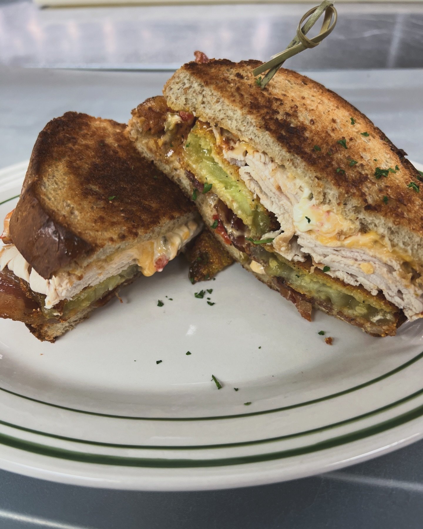 Turkey Melt - shaved turkey, bacon, pimento cheese, fried green tomatoes, wheat berry bread

We are here if you don&rsquo;t feel like cooking tonight. Just sayin&hellip;
&bull;
&bull;
&bull;
&bull;
&bull;
&bull;
#gussies #gussiesraleigh #raleighresta