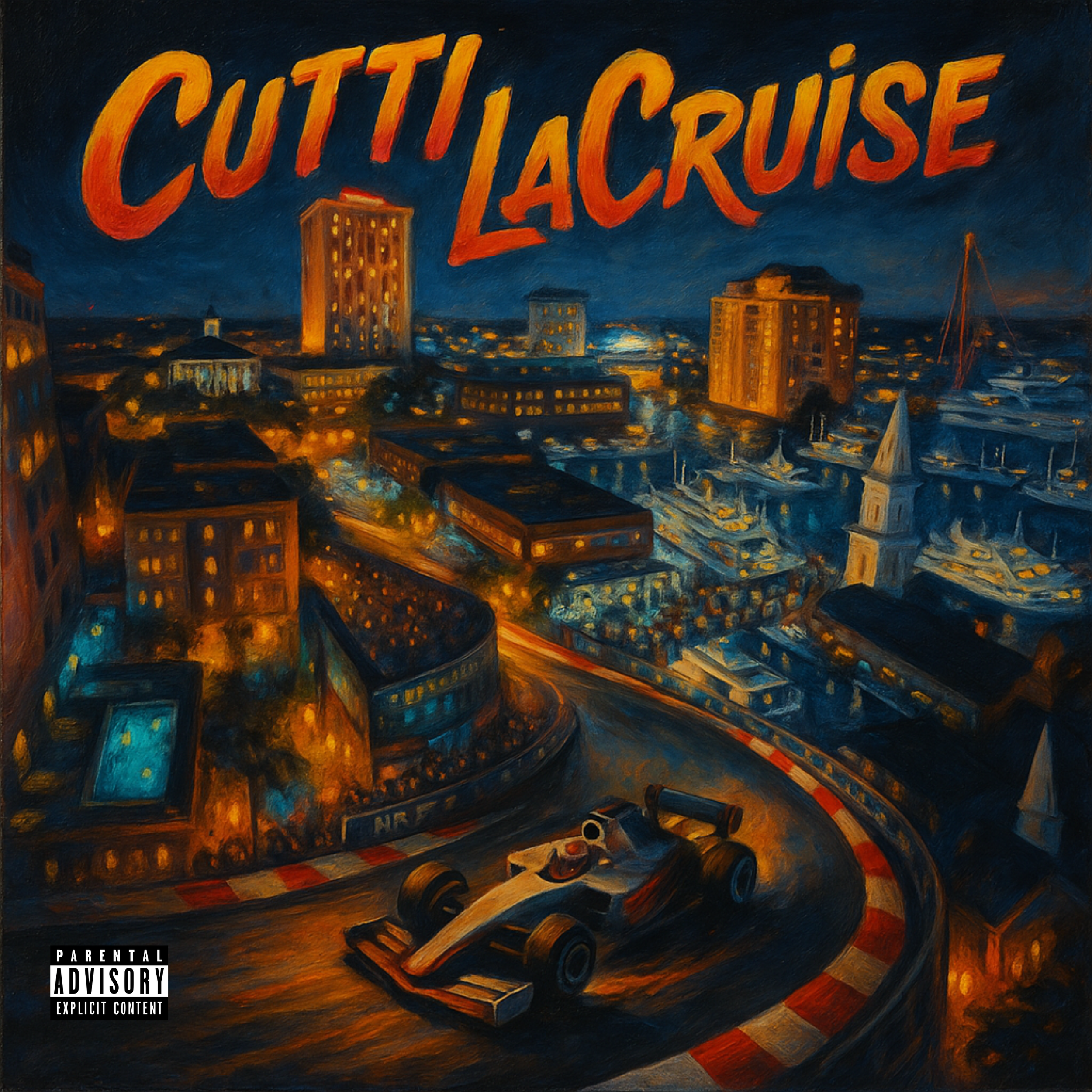 Painting of a nighttime cityscape with a race car on a curved track in the foreground and tall buildings in the background, with the words 'Cutti LaCruise' in large orange text at the top.