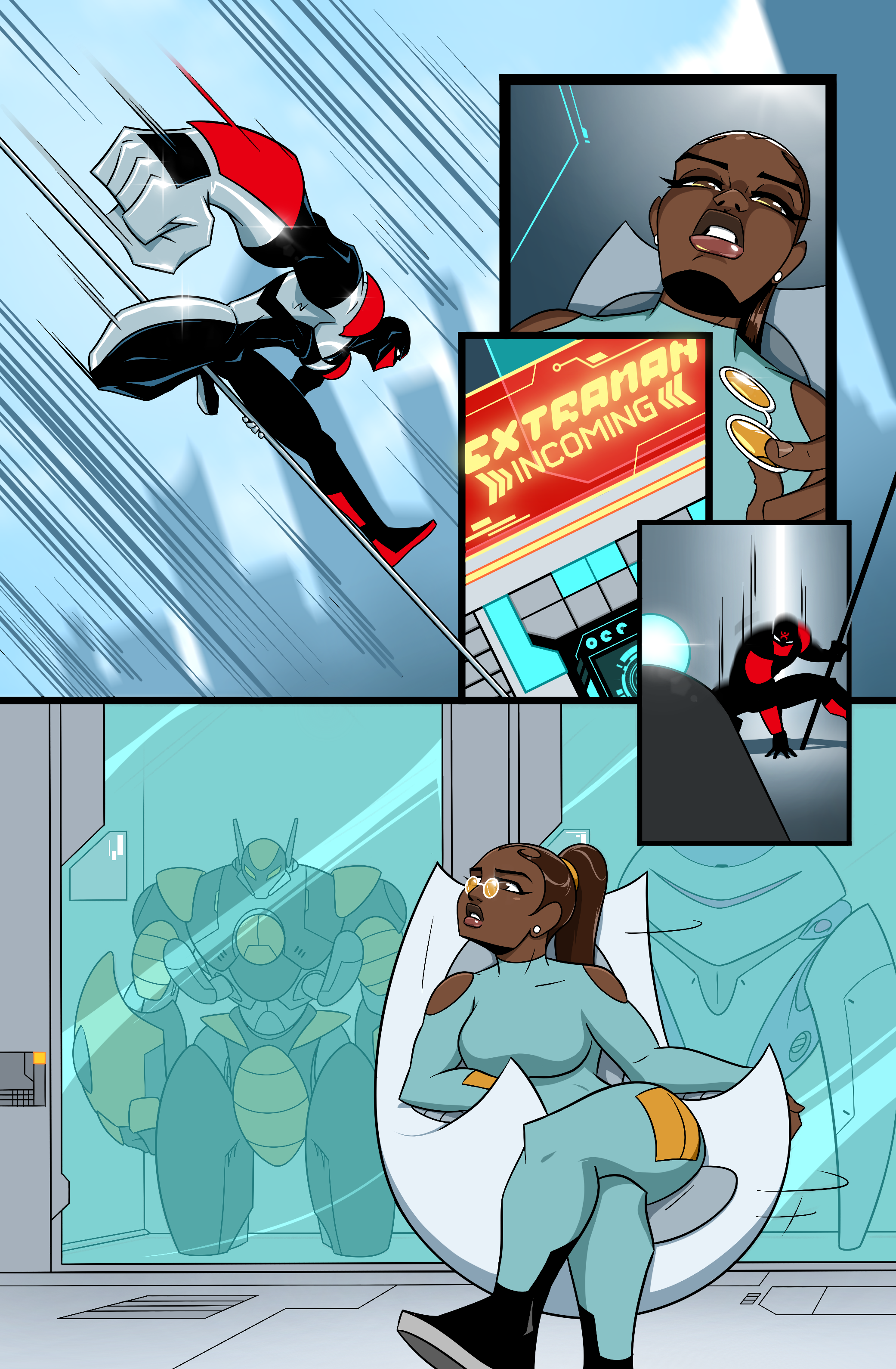 A woman appears to be a patient lying in a hospital bed, with her eyes closed and mouth open, looking distressed. She is wearing glasses and hospital clothing. Behind her, there are futuristic robotic suits, one large and imposing, with a glowing digital display that reads 'EXTRAM INCOMING.' On the left, there's a superhero in a black and red costume running at high speed on a futuristic corridor, with motion lines indicating swift movement. The overall scene suggests a hospital or medical facility with a science fiction or superhero theme.
