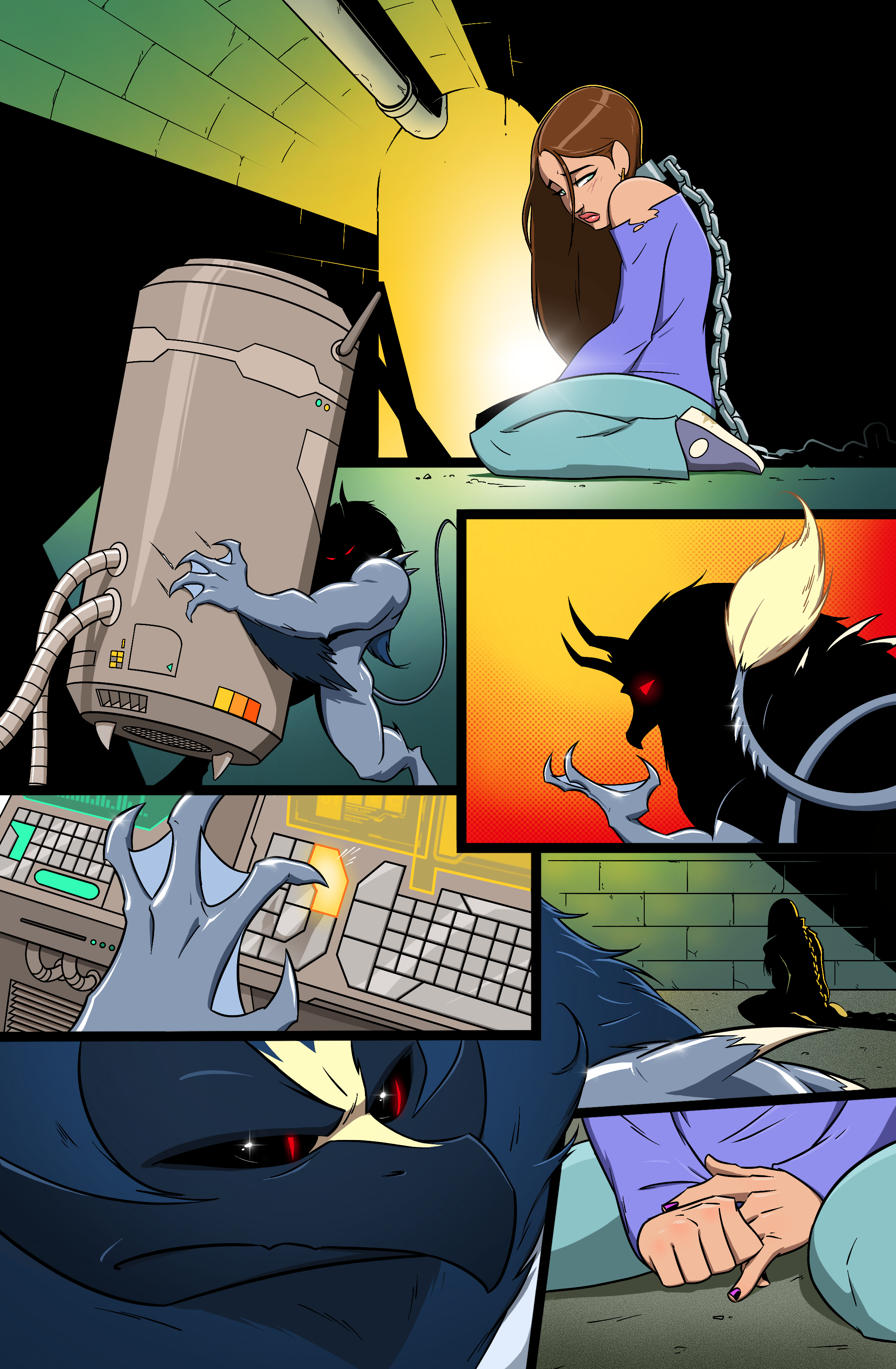 Comic book scene with a woman kneeling in fear, chained, facing an aggressive wolf-like creature with red eyes and sharp claws, in a dark corridor.