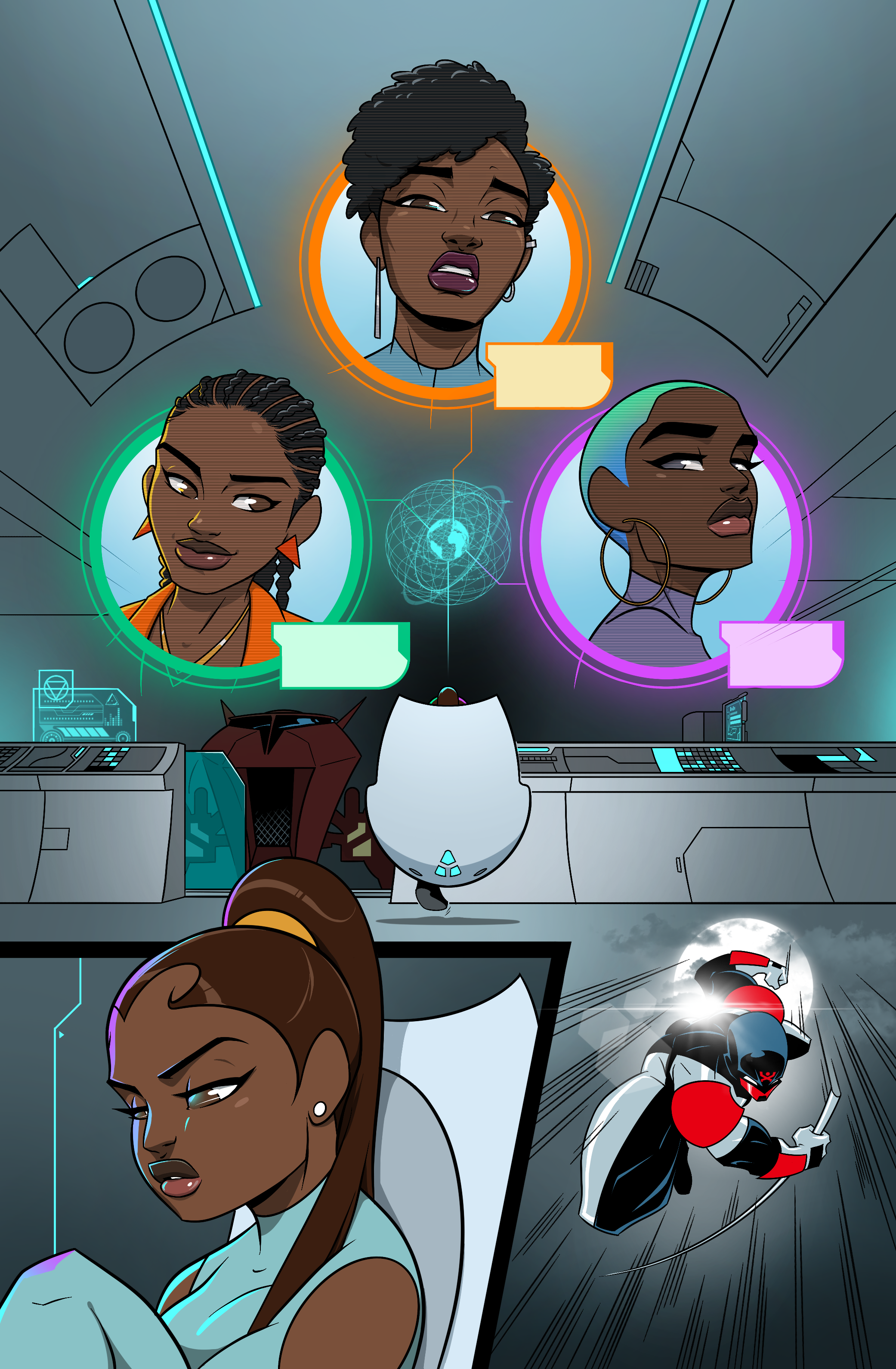 A digital illustration of a futuristic space command center with four diverse women characters on screens, a robotic figure at a control console, and a motorcycle outside on a cloudy night.
