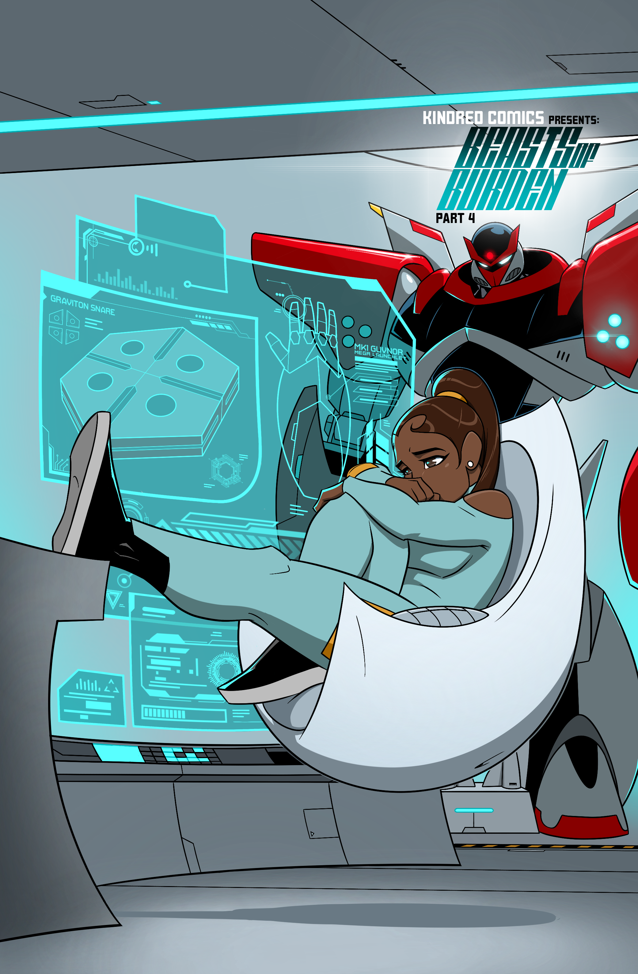 Futuristic control room with a large transparent digital display, a young woman resting her head on her arms, and a humanoid robot with red and black armor behind her, along with various holographic data.