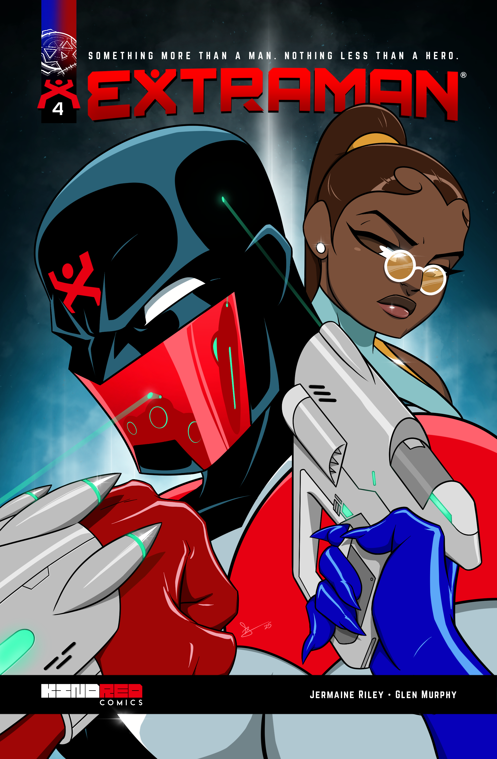 Comic book cover titled 'Extran', featuring a robotic man with red armor and a female android with brown skin and glasses. The background is space-themed with stars and cosmic elements. The text says, 'Something more than a man, nothing less than a hero.' The comic is published by Re-Gen Comics, with creators Jermaine Riley and Glen Murphy.