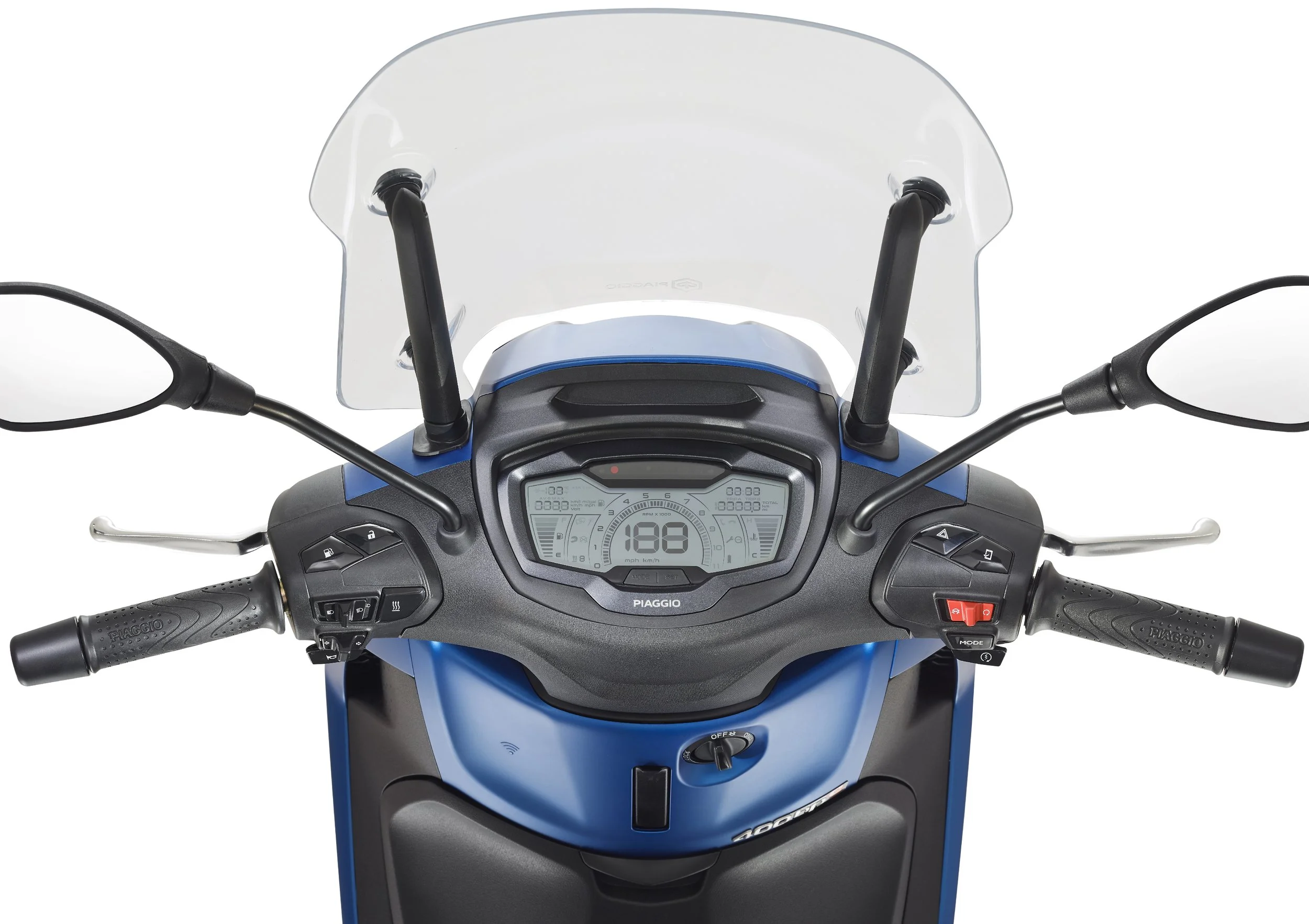 Front view of a blue and black motor scooter with handlebars, digital display, and windshield.