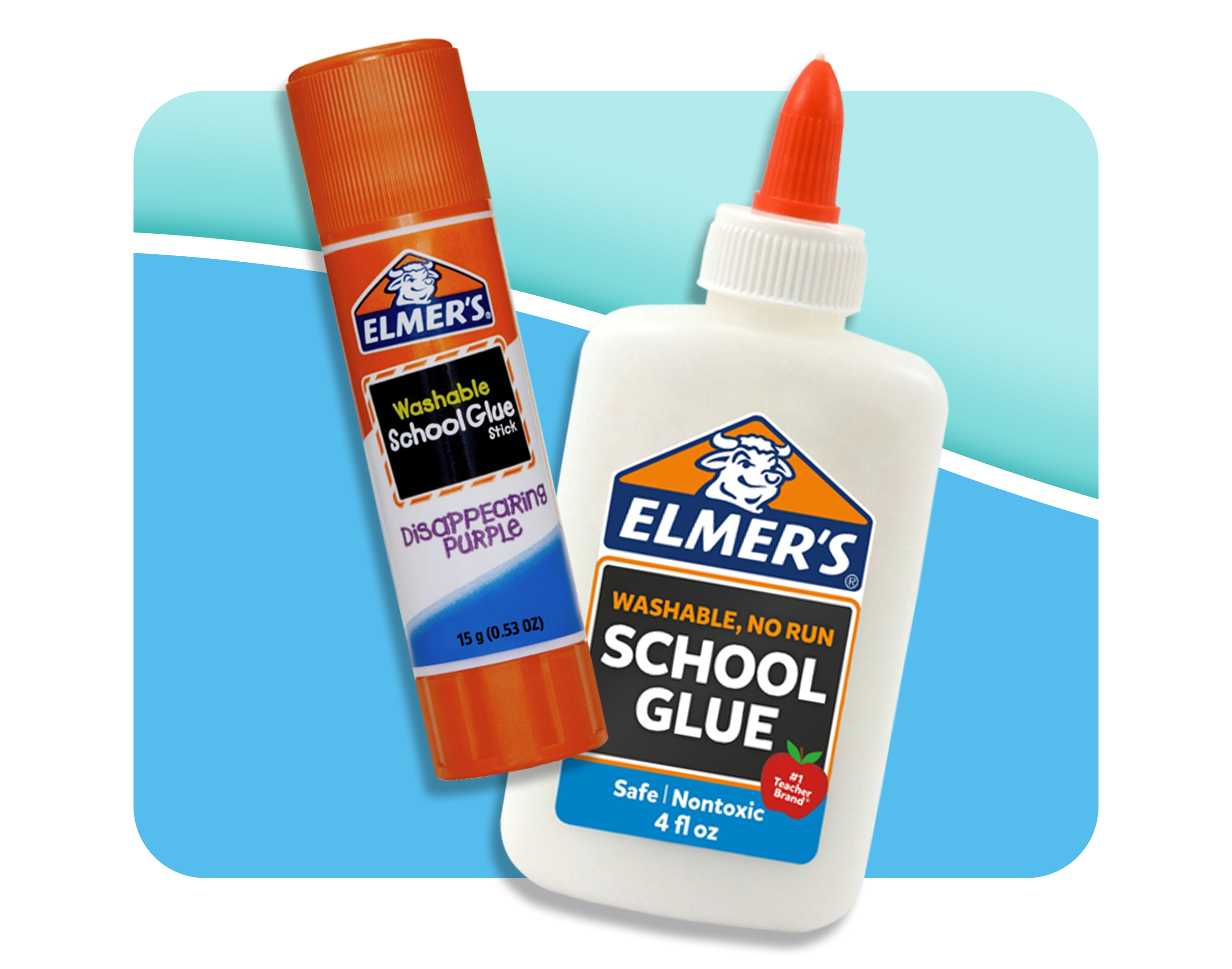 Elmers School Glue and Washable School Glue Stick floating on white and blue background