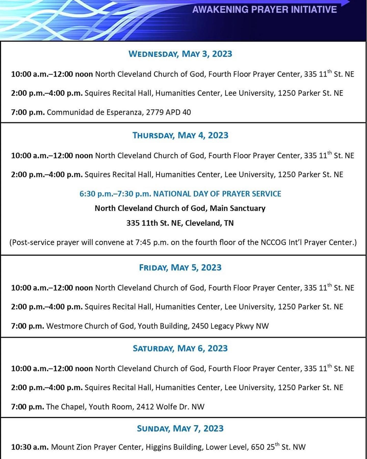 A special Korean prayer team has arrived in Cleveland, TN. Please see the list of local Convergence and National Day of Prayer schedule for the week. Join in when you can especially the National Day of Prayer evening service at 7pm Thursday, May 4 at