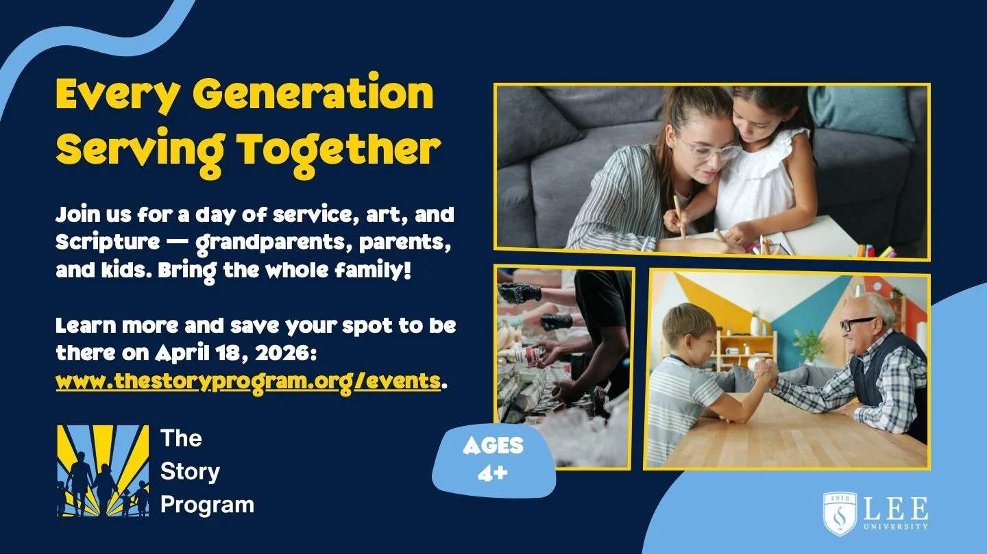 Parents and Grandparents---
Join in this FREE, fun community event!

Apr 18, 2026, 9:00 AM &ndash; 1:00 PM
Lee University's Mayfield Annex Gym, 1201 Magnolia Ave NE, Cleveland, TN 37311 

The Story Program Intergenerational Day Camp is a time for chi