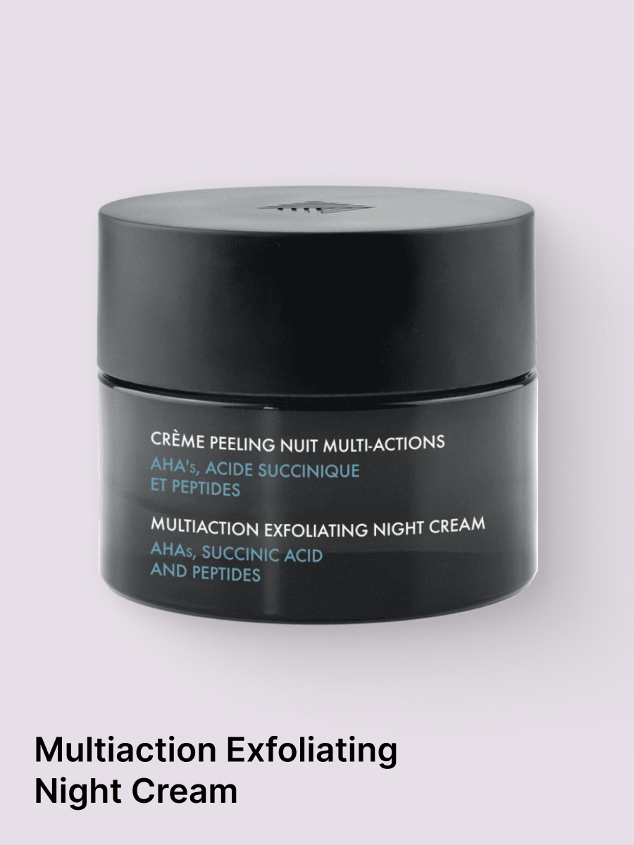 Thanks to a trio of exfoliating acids (Glycolic, Lactic, Succinic) associated with peptides, this velvety textured cream helps to promote skin regeneration.
This cream acts like a soft peeling that enhances the complexion leaving it more even.
