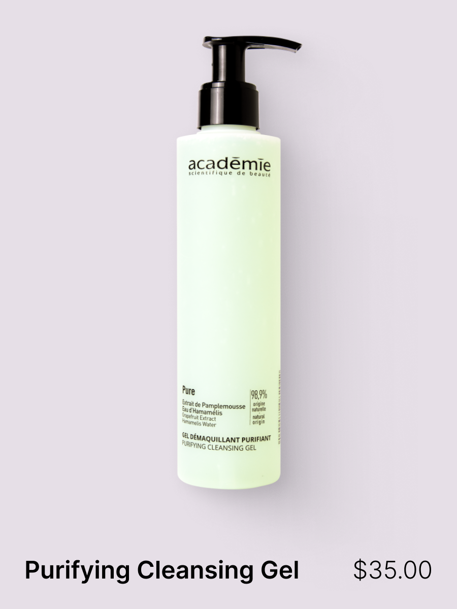 Rich in natural and soothing ingredients that gently cleanses while respecting the skin's protective film, Purifying Cleansing Gel helps prevent the formation of blemishes, helps control the overproduction of sebum and rebalances the pH of oily skin.
