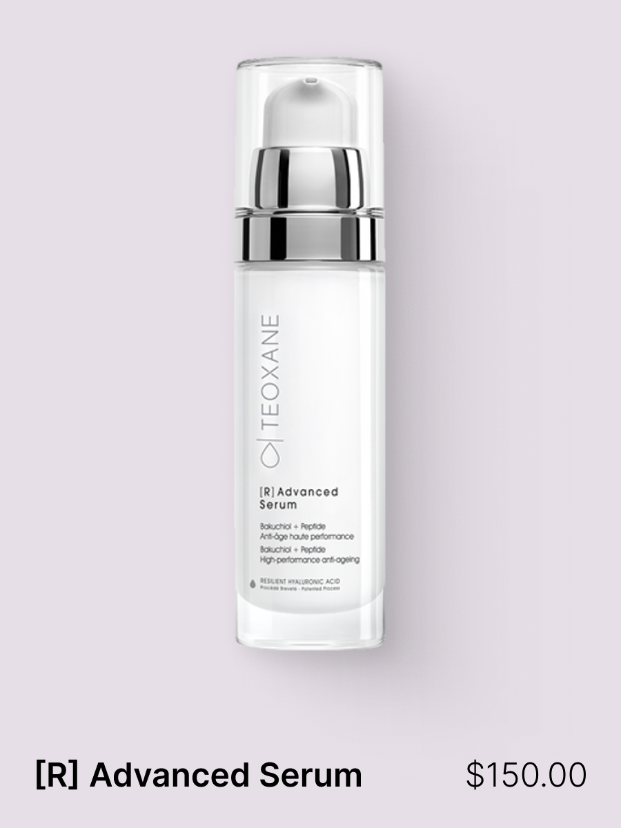 Teoxane leverages the power of retinol, a recognized leading anti-ageing molecule, to introduce its cutting-edge alternative. Born from the innovative Retinol-like complex [Bakuchiol and Peptide], [R] Advanced Serum reduces wrinkles and improves skin