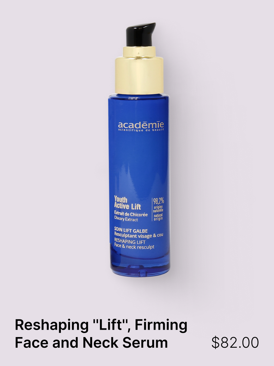 With its “lifting” texture, this tightening treatment redefines the oval of the face and neck day after day, thanks to chicory extract and natural caffeine, which combat sagging skin and tone the skin. Day after day, curves seem to fade and facial co
