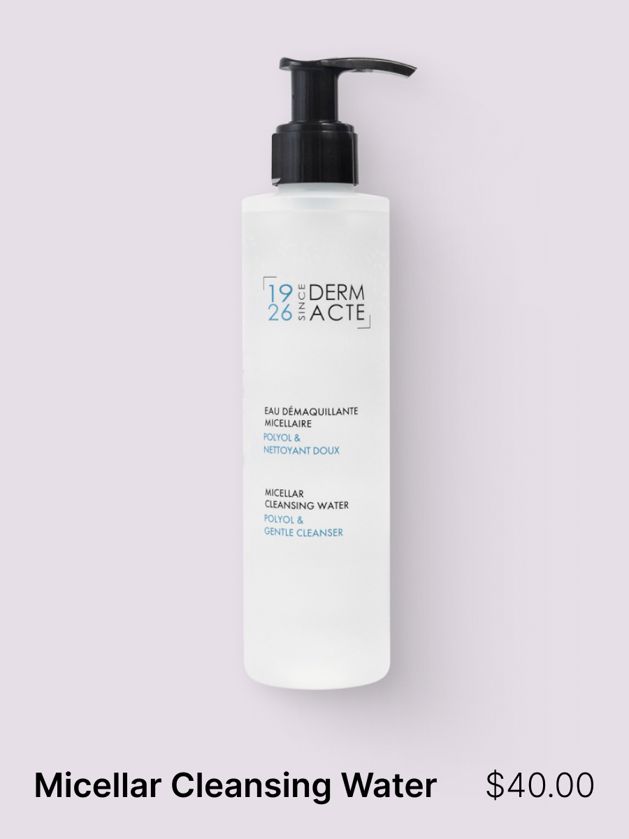 Dye-free, DermActe Micellar Cleansing Water cleanses and removes make-up from the face and eyes. It's a gentle cleanser that removes make-up without aggressing the skin, thanks to polyol. It's a multi-action 3-in-1 product that removes make-up, quick