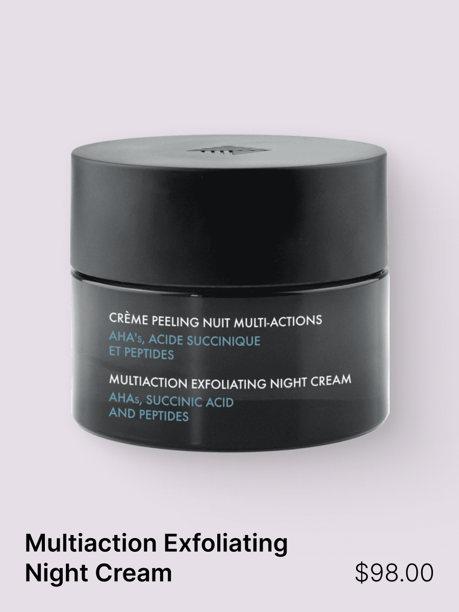 Thanks to a trio of exfoliating acids (Glycolic, Lactic, Succinic) associated with peptides, this velvety textured cream helps to promote skin regeneration.
This cream acts like a soft peeling that enhances the complexion leaving it more even.