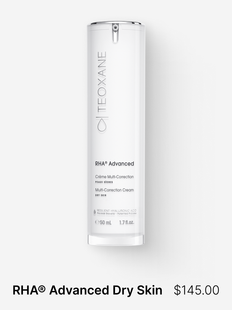 RHA® Advanced is a moisturizer specifically formulated for dry skin and design to hydrate and visibly smooth the appearance of fine lines and wrinkles. Powered by Teoxane’s exclusive RHA® (Resilient Hyaluronic Acid), it helps strengthening the skin's