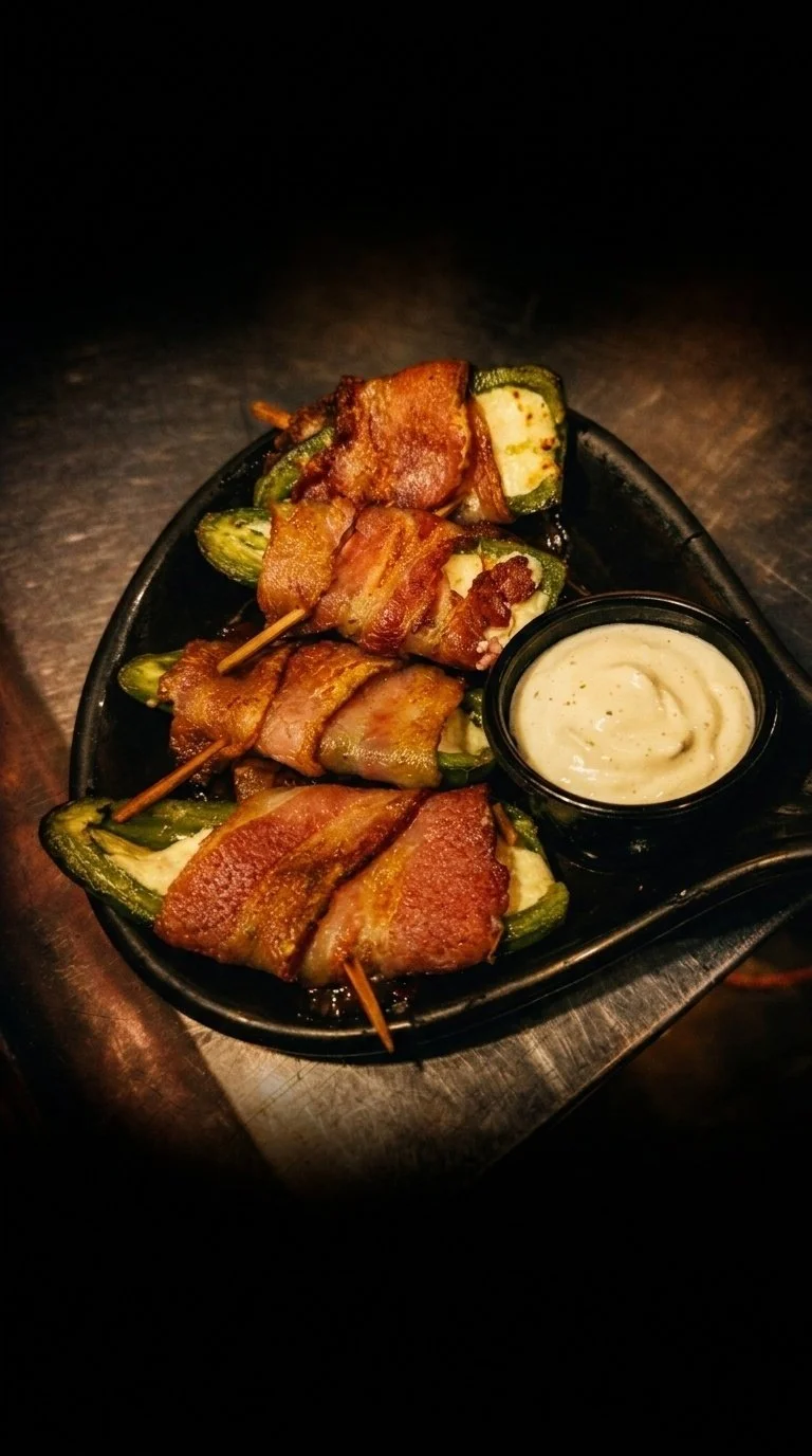 Bacon-wrapped jalapeno poppers with a side of creamy dipping sauce on black serving dish.