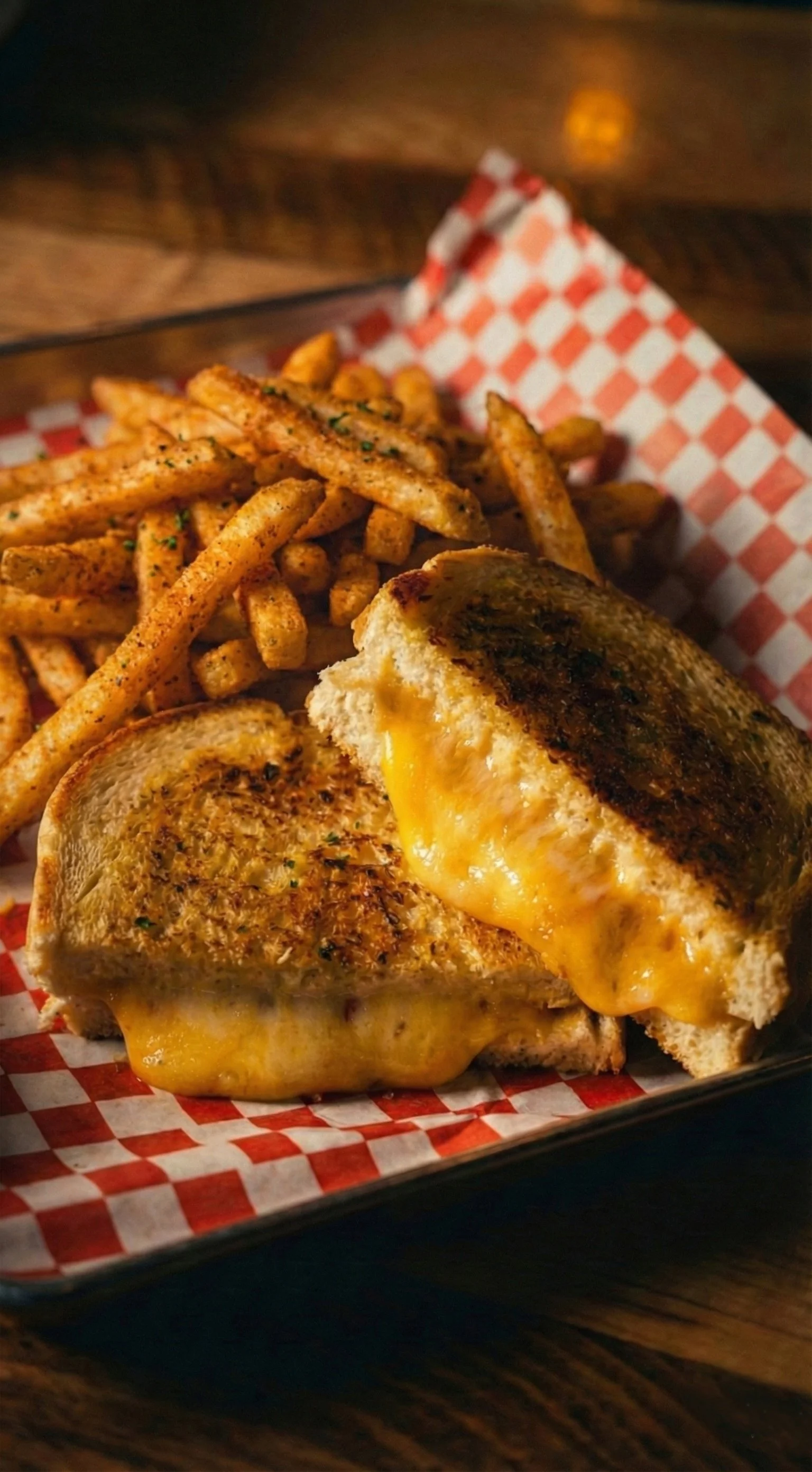 Cheeseburger with melted cheese and grilled bun, served with seasoned French fries on checkered paper in a black tray.