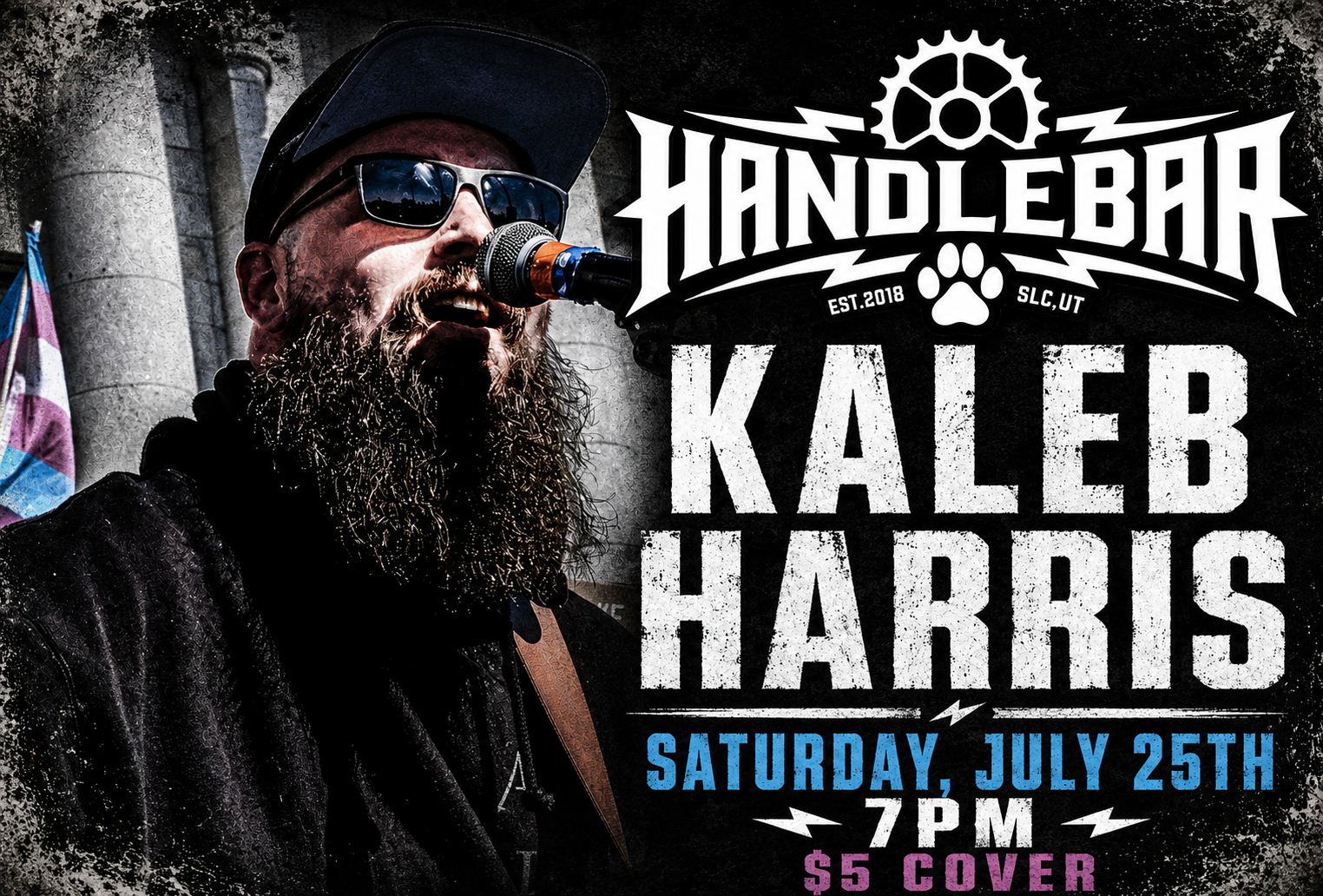 Poster for a live music event featuring Kaleb Harris on Saturday, July 25th at 7 PM, with a $5 cover charge. The poster includes a photo of a bearded man singing into a microphone, wearing sunglasses and a baseball cap.