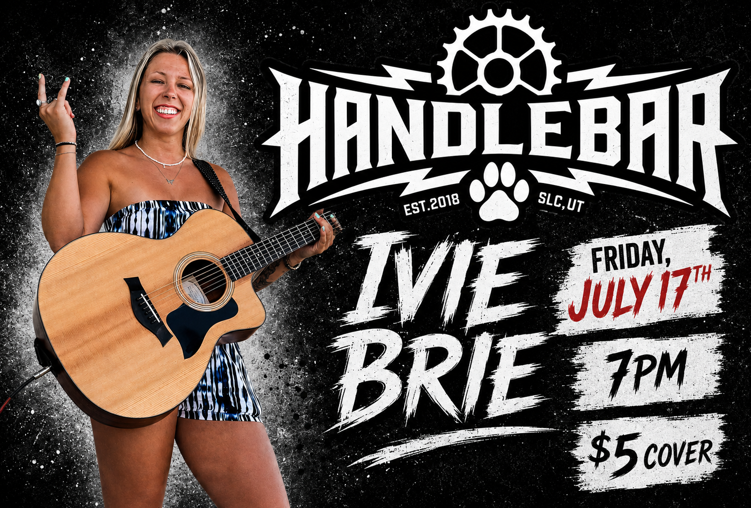 A woman playing an acoustic guitar and making a peace sign with her right hand, smiling. She has blonde hair, wearing a strapless dress with a blue, black, and white pattern, and necklaces. The background features a black textured design with white splatters and event details for a concert on July 17th at 7 pm, with a $5 cover charge. The event is called 'Hunderbox' and is located in Salt Lake City, Utah.