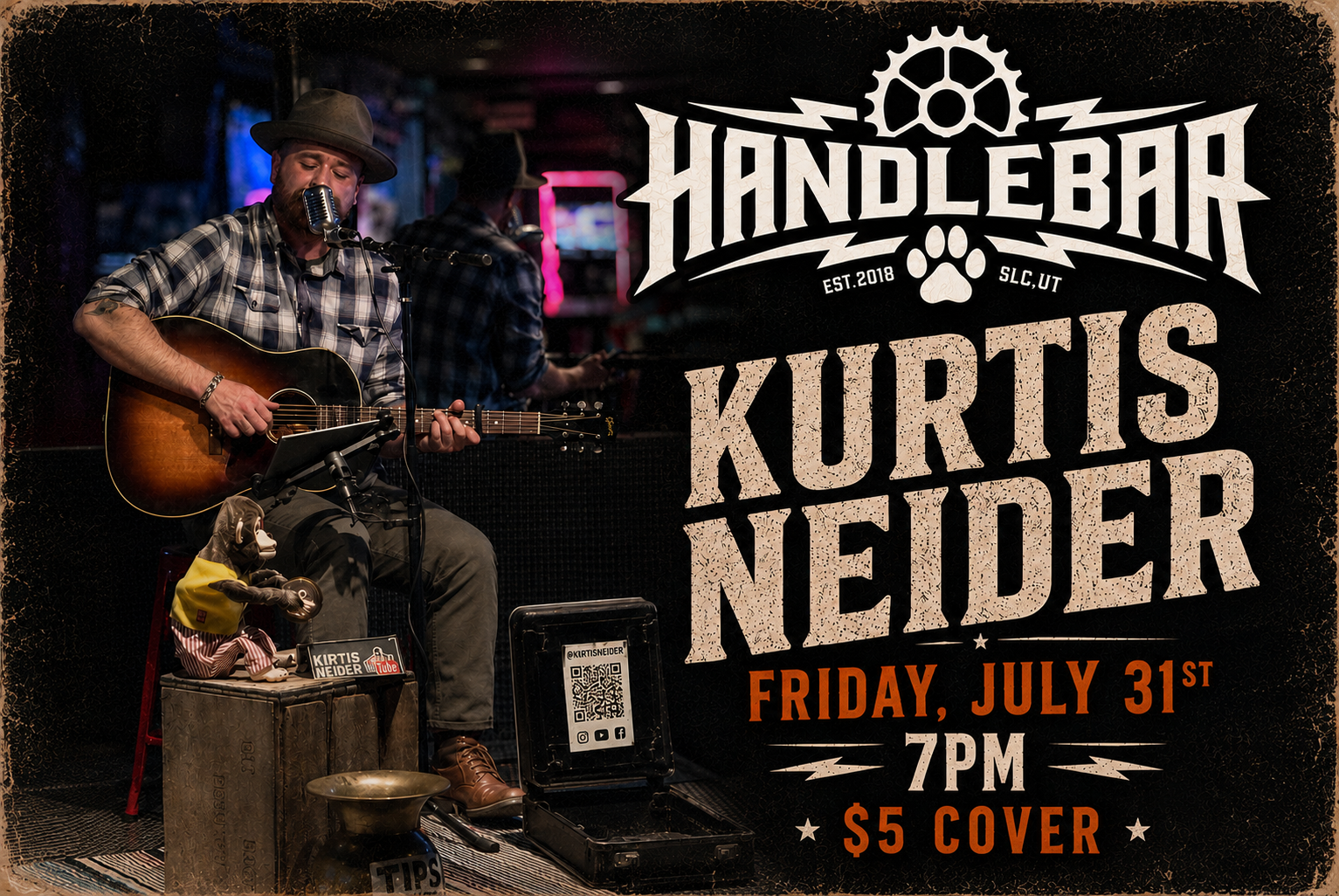A musician with a plaid shirt and a hat playing an acoustic guitar and singing into a microphone on stage at a live music event. The background is dimly lit with neon accents, and promotional text overlays the right side of the image announcing a performance by Kurtis Neider on Friday, July 31st at 7 pm with a $5 cover charge.