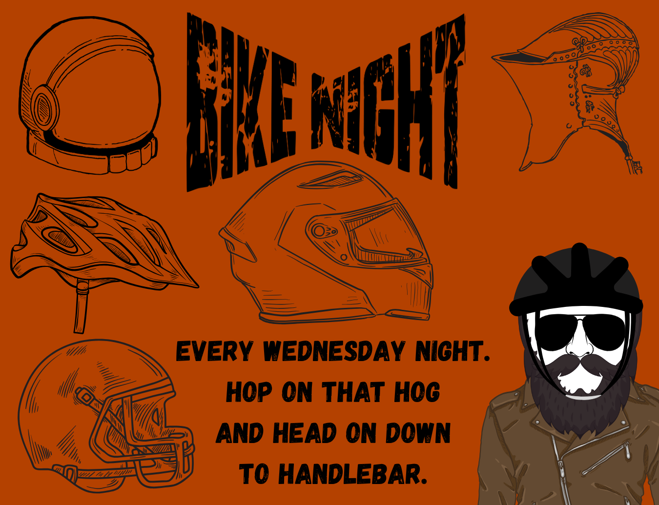 Night scene of a motorcycle gathering at HandleBar, with group of bikers standing outside, neon HandleBar sign, city skyline, and snow-capped mountains in the background. Text overlay promotes Bike Night SLC at HandleBar, beginning April 1st, every Wednesday.