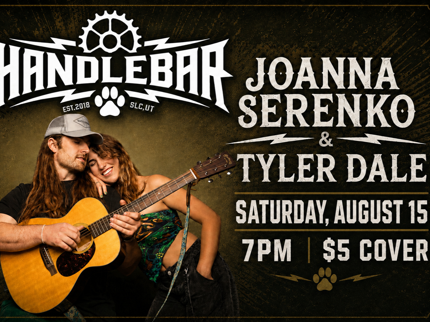 Event poster for a live music show at Handlebar in Salt Lake City, featuring Joanna Serenko and Tyler Dale on Saturday, August 15, at 7 PM, with a $5 cover charge. The poster includes a photo of a man and woman with long hair, the man playing an acoustic guitar, both smiling and close together.