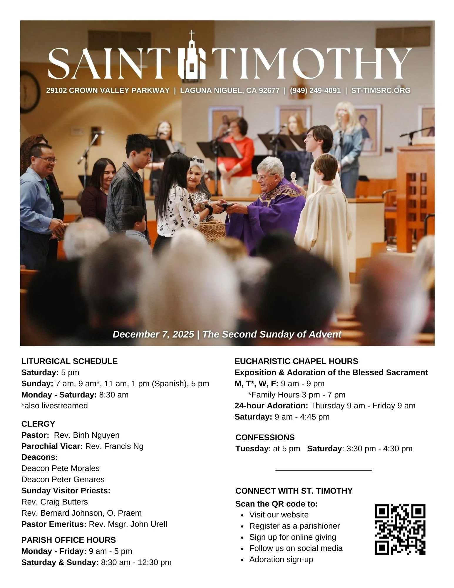 A bulletin for Saint Timothy church with a photo of children praying at an altar, surrounded by candles and religious icons, for August 3, 2025.