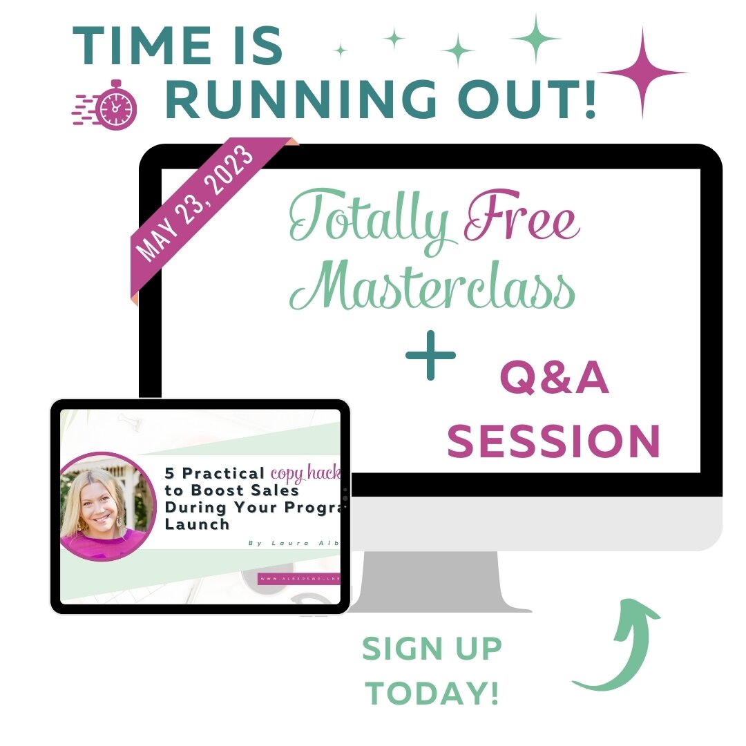 How do you make sure your launch copy is
✔️ Strategic?
✔️ Genuine?
✔️ Persuasive?

And connects emotionally with your audience?

It starts with you joining me for my FREE Masterclass, &ldquo;The 5 Practical Copy Hacks to Boost Sales During Your Progr