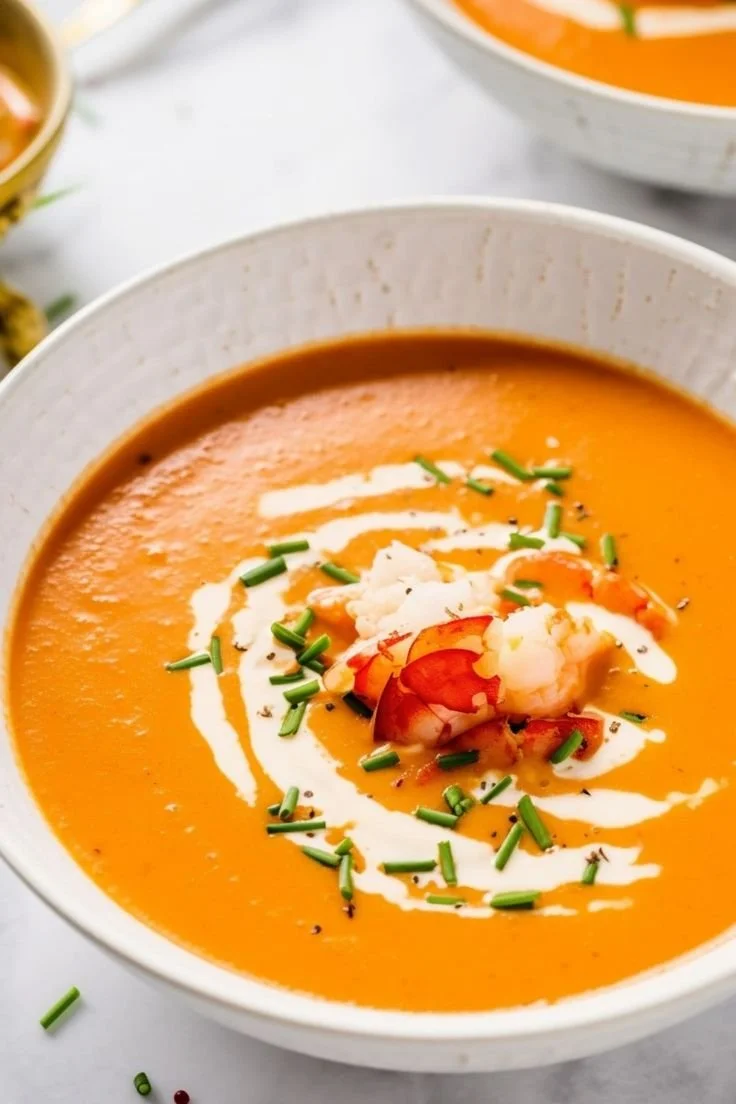 Bowl of orange soup garnished with cream, lobster pieces, and chives on a white background.