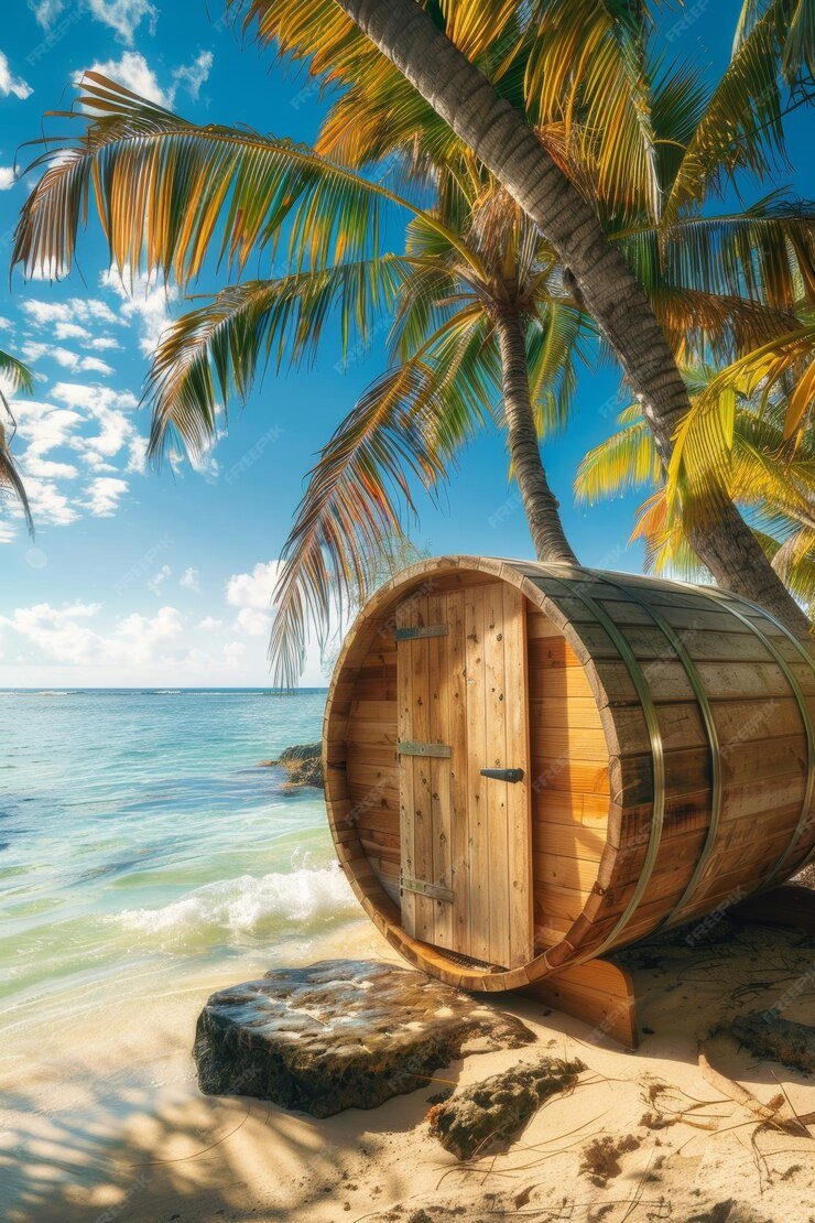 Wooden barrel sauna on tropical beach with palm trees and ocean view