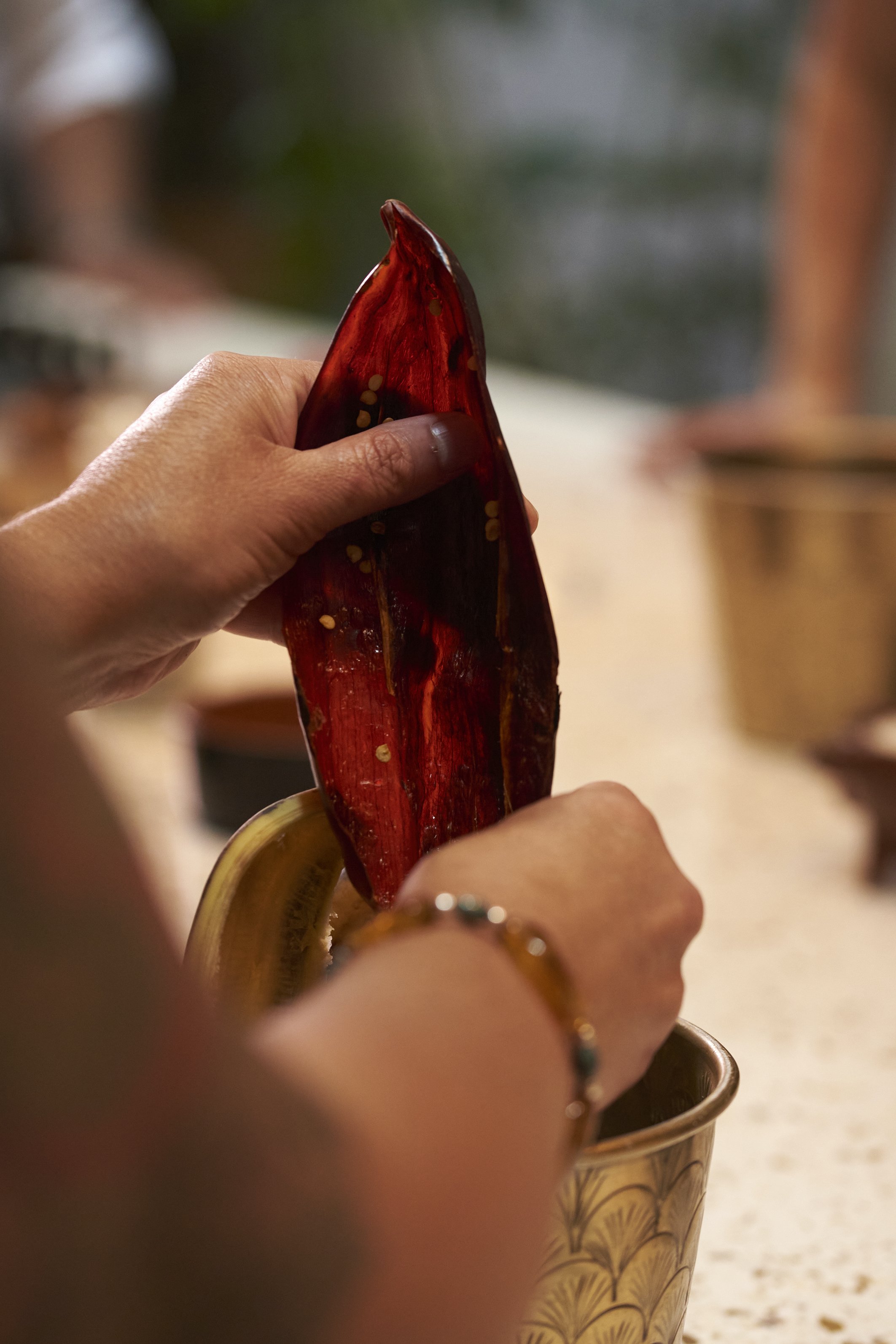 Hands preparing large red jalapeno pepper