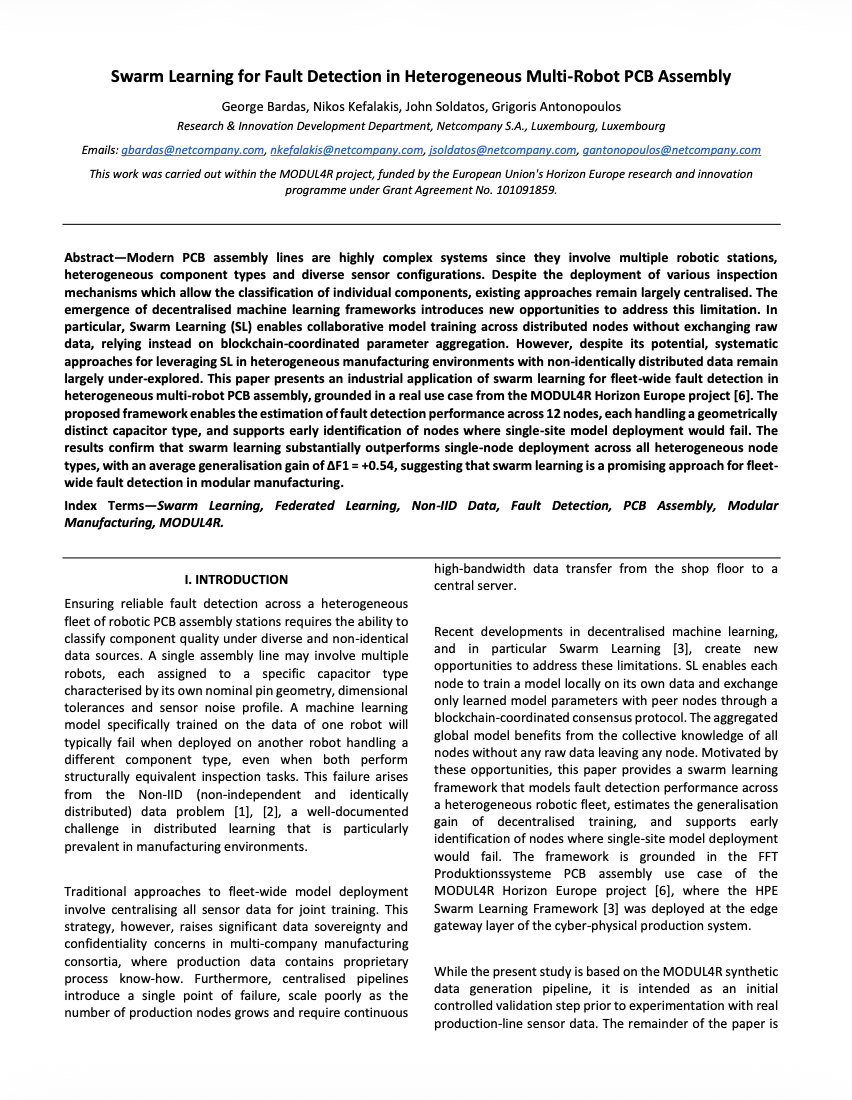 Swarm Learning for Fault Detection in Heterogeneous Multi-Robot PCB Assembly