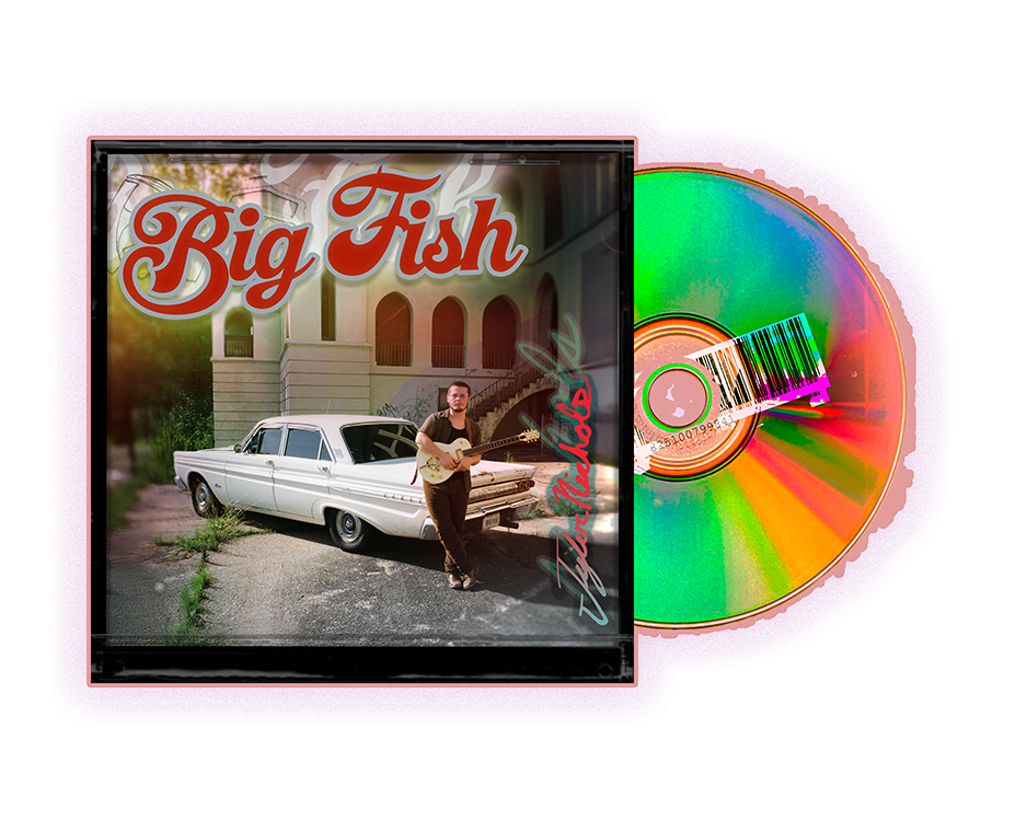 Album cover art for Big Fish by Starfucker, featuring a man with a guitar standing next to a vintage white car in front of a building with stairs, and a colorful CD partially visible.