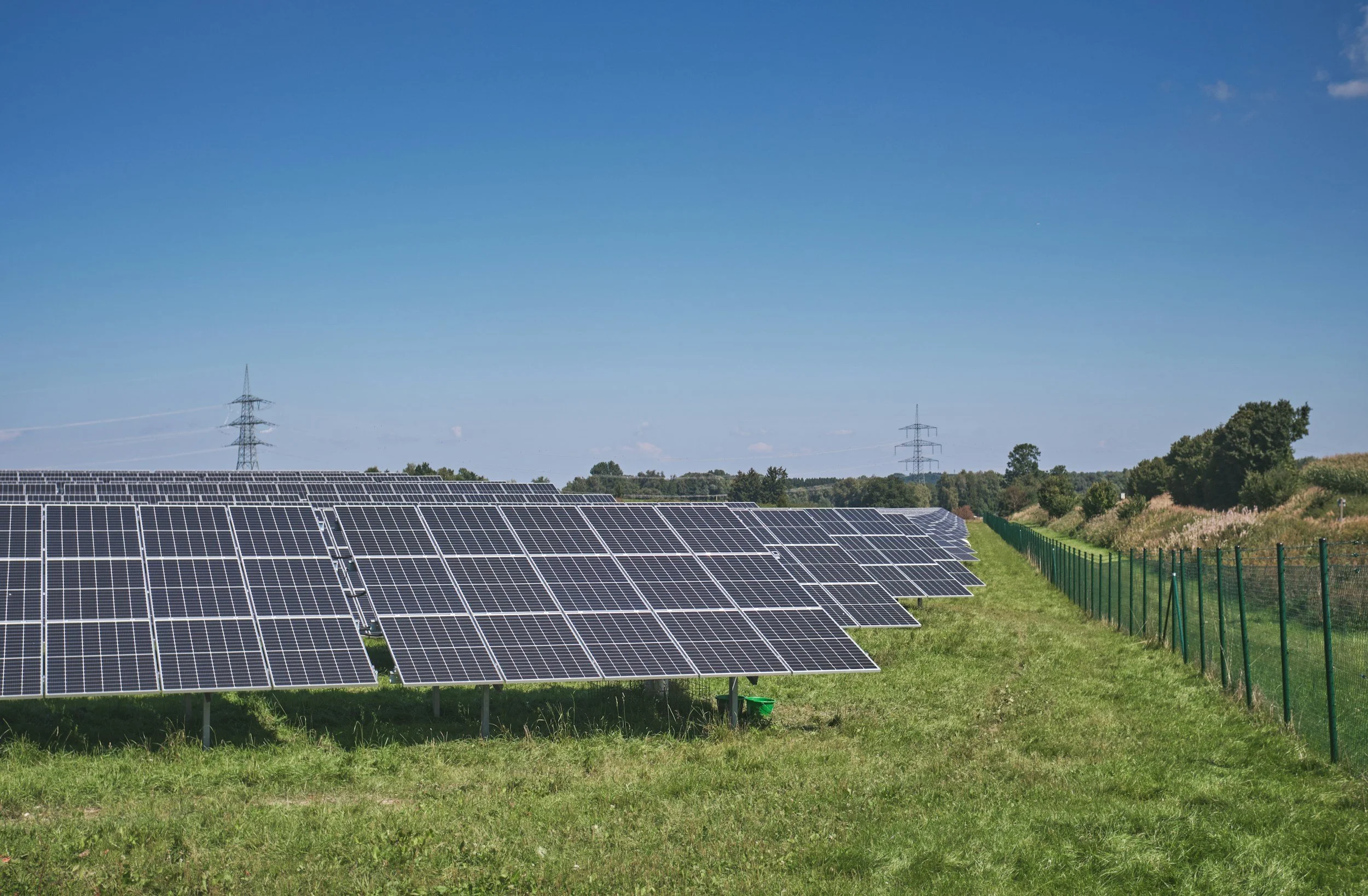 Solar panels installed on green grass field with blue sky, trees, and power lines in background.