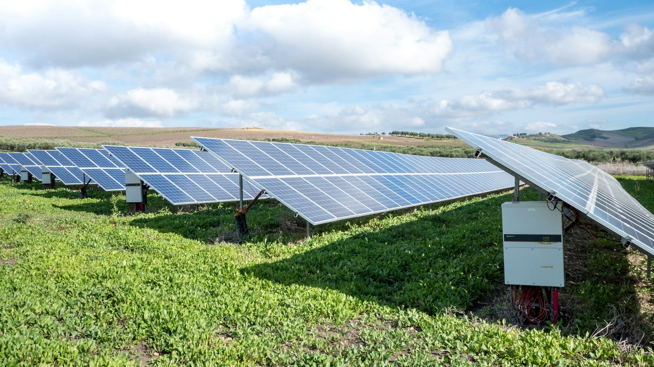 Field of solar panels installed on green vegetation under a partly cloudy sky.