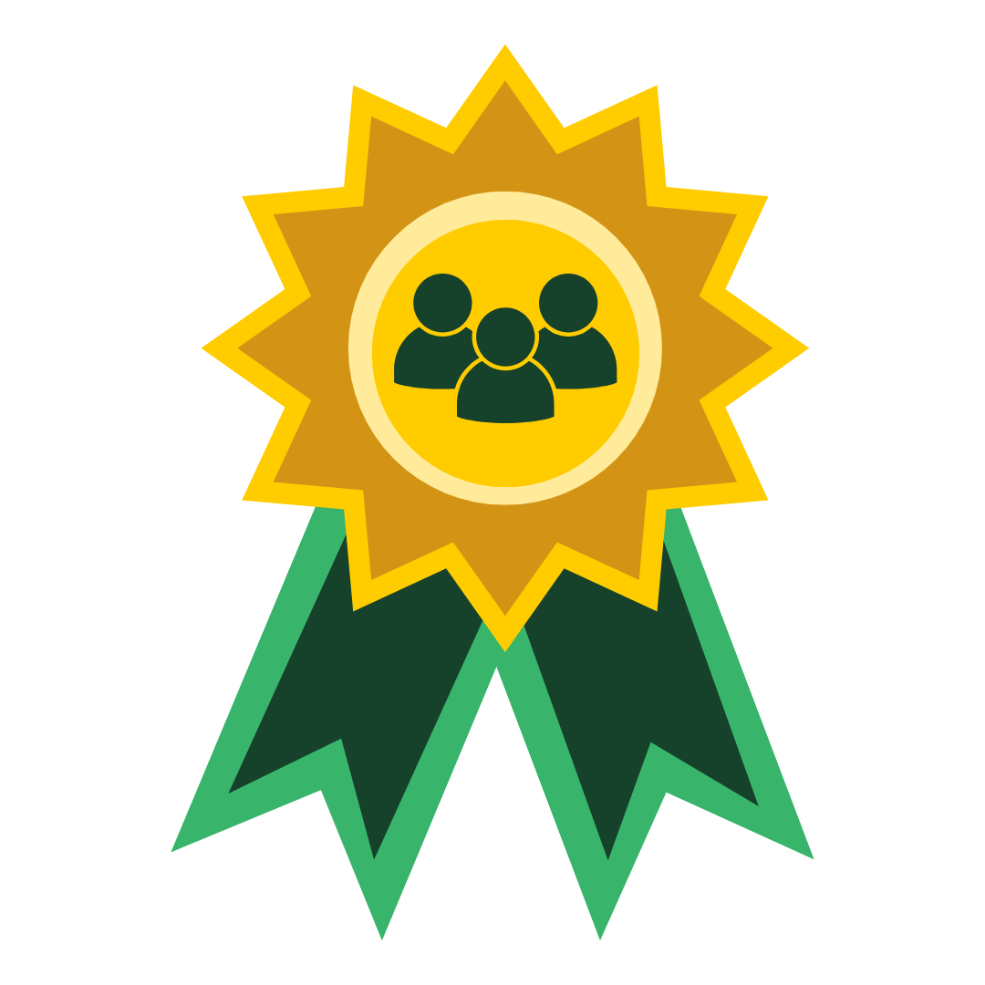 Illustration of an award ribbon with a gold starburst and green ribbons, featuring an icon of three people in the center.