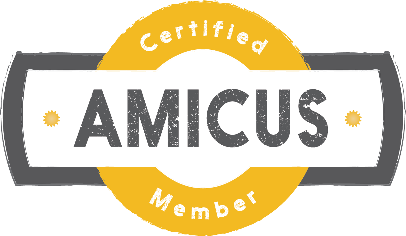 A certification badge with the word 'AMICUS' in the center, 'Certified Member' written around the top and bottom edges, and yellow sunburst symbols on either side.