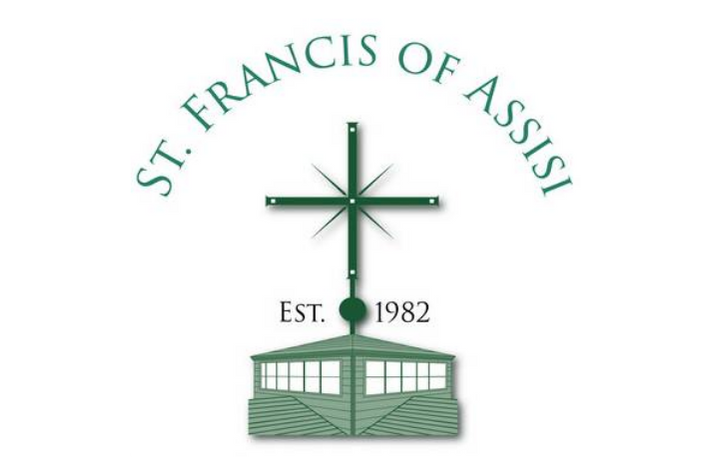 Logo of St. Francis of Assisi, established in 1982, featuring a cross with four rays and a building with large windows at the base.