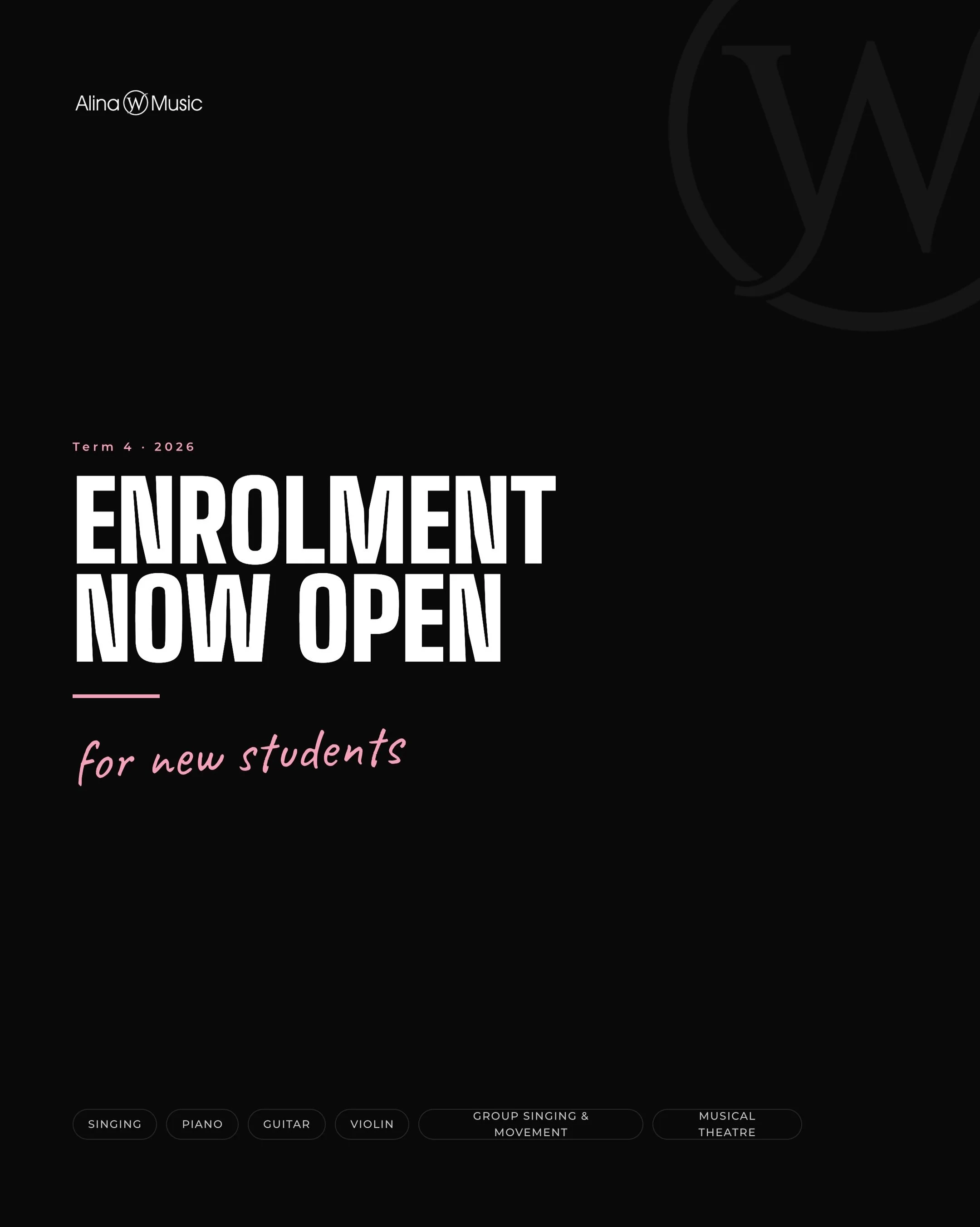 TERM 4 ENROLMENT NOW OPEN 🥳✨

Looking for music tuition in Penrith or the Blue Mountains? 🎵

We offer:

🎤 Singing
🎹 Piano
🎸 Guitar 
🎻 Violin
🎶 Singing &amp; Movement 
🎭 Musical Theatre

Head to alinawmusic.com.au/booking to schedule your MUSI