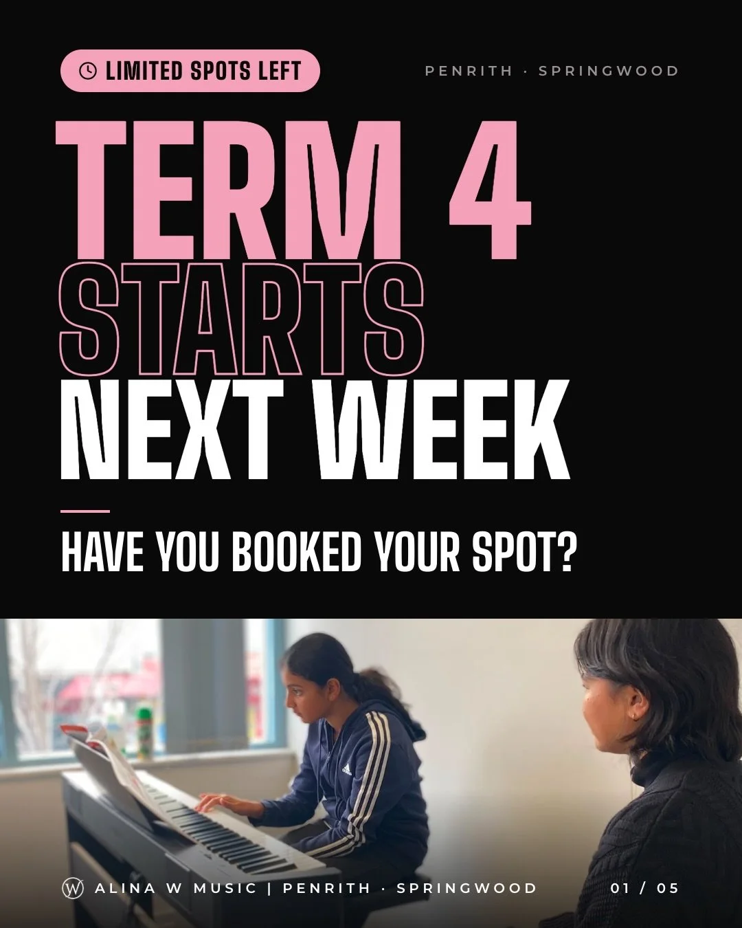 Term 4 starts NEXT WEEK! Have you booked your spot? 🤔

Not sure where to start? Book a free MUSIC MATCH CALL to chat about your child&rsquo;s interests, experience and goals, and we&rsquo;ll help find the right instrument, tutor and time slot for th