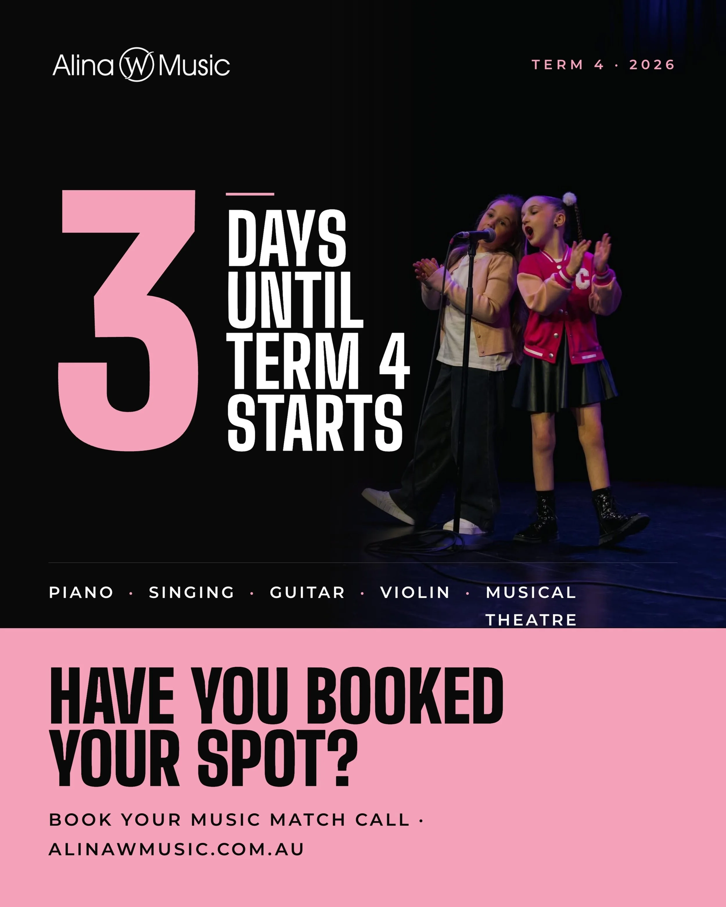 ⏰ THE COUNTDOWN IS ON ⏰

🚨 Term 4 begins in THREE DAYS 🚨

Have you booked your music lesson spot? 🤔

Based in #penrith and #springwood we offer classes for:

🎹 Piano
🎤 Singing
🎸 Guitar 
🎻 Violin
🎭 Musical Theatre 

Head to alinawmusic.com.au 