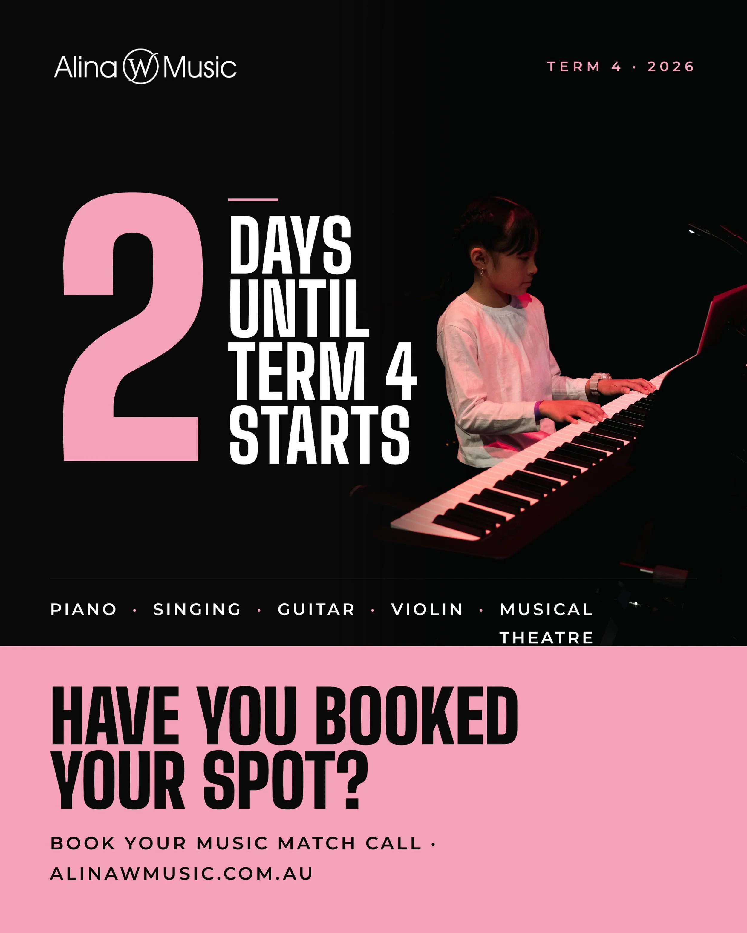 ⏰ THE COUNTDOWN IS ON ⏰

🚨 Term 4 begins in TWO DAYS 🚨

Have you booked your music lesson spot? 🤔

Based in #penrith and #springwood we offer classes for:

🎹 Piano
🎤 Singing
🎸 Guitar 
🎻 Violin
🎭 Musical Theatre 

Head to alinawmusic.com.au to