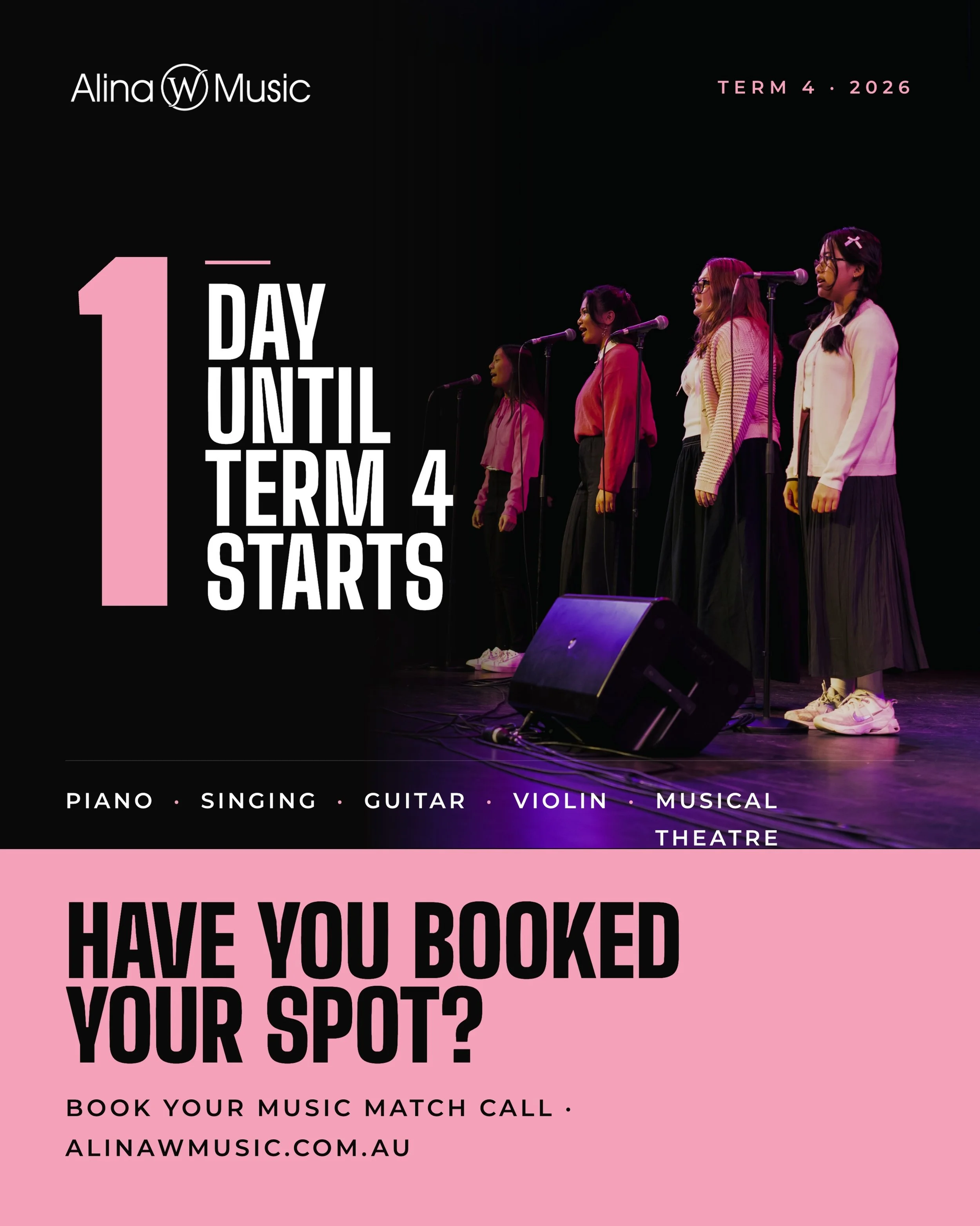 ⏰ THE COUNTDOWN IS ON ⏰

🚨 Term 4 begins TOMORROW 🚨

Have you booked your music lesson spot? 🤔

Based in #penrith and #springwood we offer classes for:

🎹 Piano
🎤 Singing
🎸 Guitar 
🎻 Violin
🎭 Musical Theatre 

Head to alinawmusic.com.au to sc
