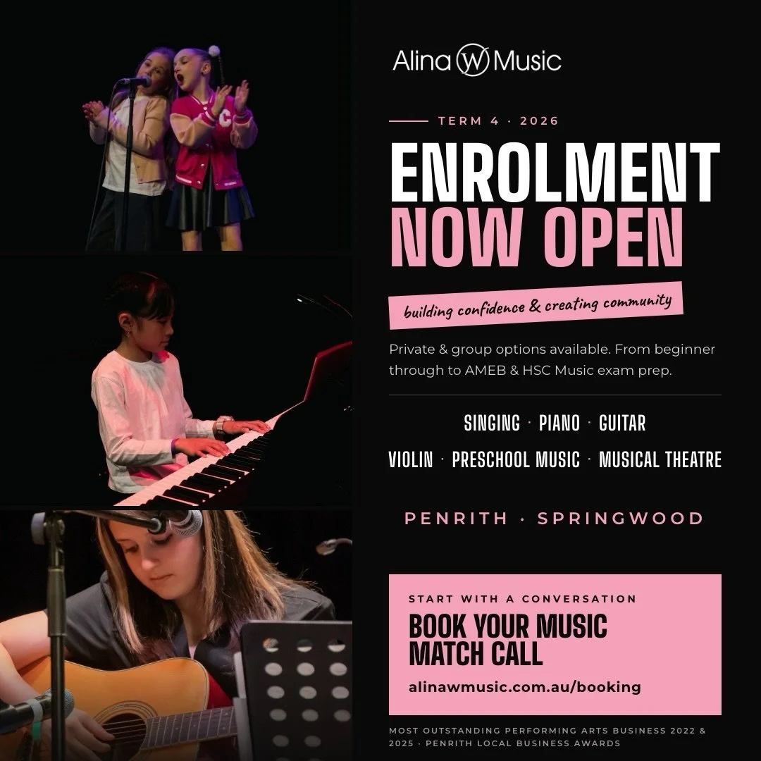 Term 4 is underway&hellip; but it&rsquo;s not too late to join us! 🎵 Violin is fully booked 🎻 but we still have a handful of spots remaining for Piano 🎹 Singing 🎤 Guitar 🎸 Musical Theatre 🎭 and Preschool Music 🎶 

Head to alinawmusic.com.au/bo