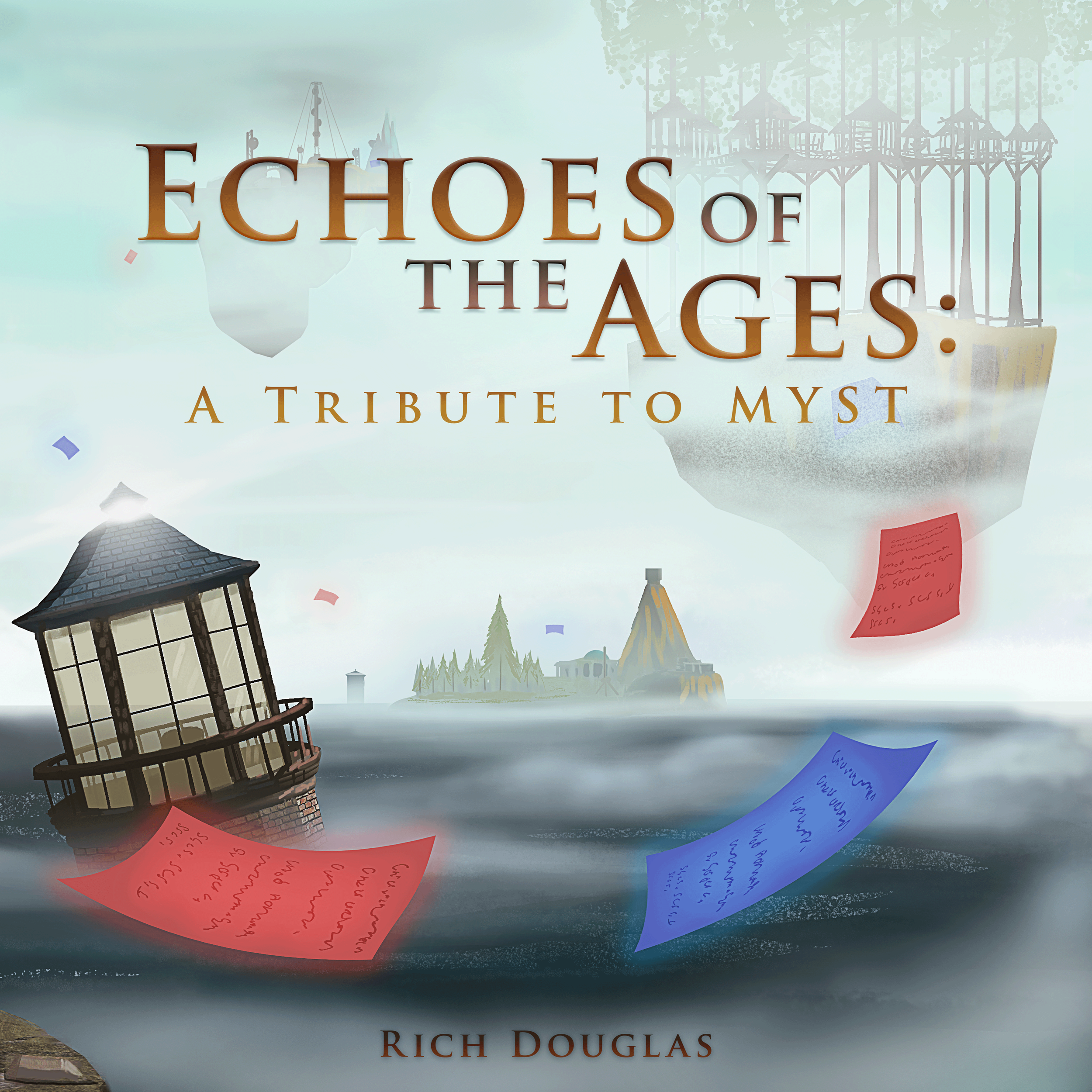 Graphic design for "Echoes of the Ages: A Tribute to MYST" by Rich Douglas, 2026 | Album illustration by Andrés Goji