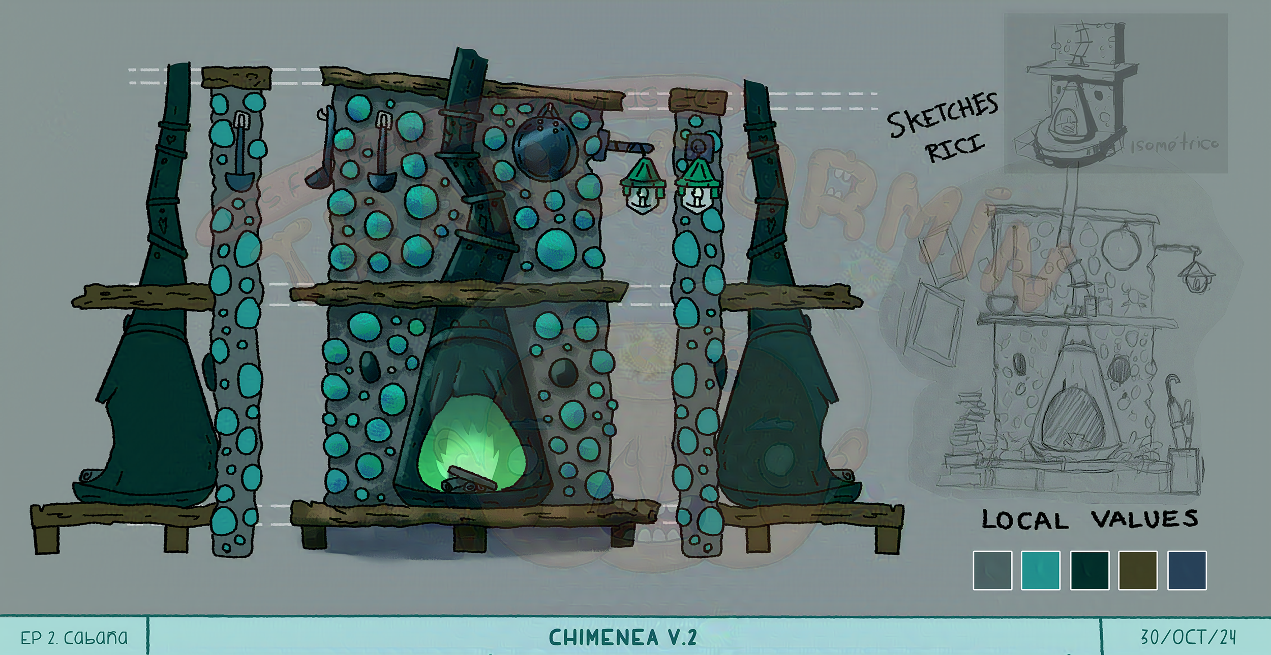 VisDev: Production sketch of a green fireplace.