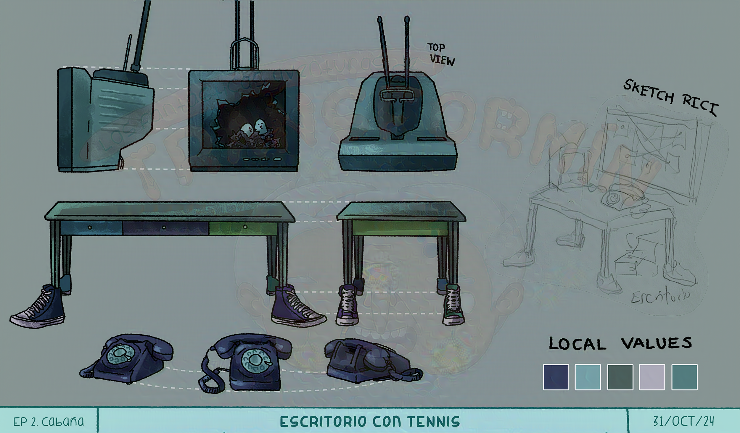 VisDev: Production sketch of a desk with sneakers, a broken monitor with a nest inside and a purple telephone turnaround.